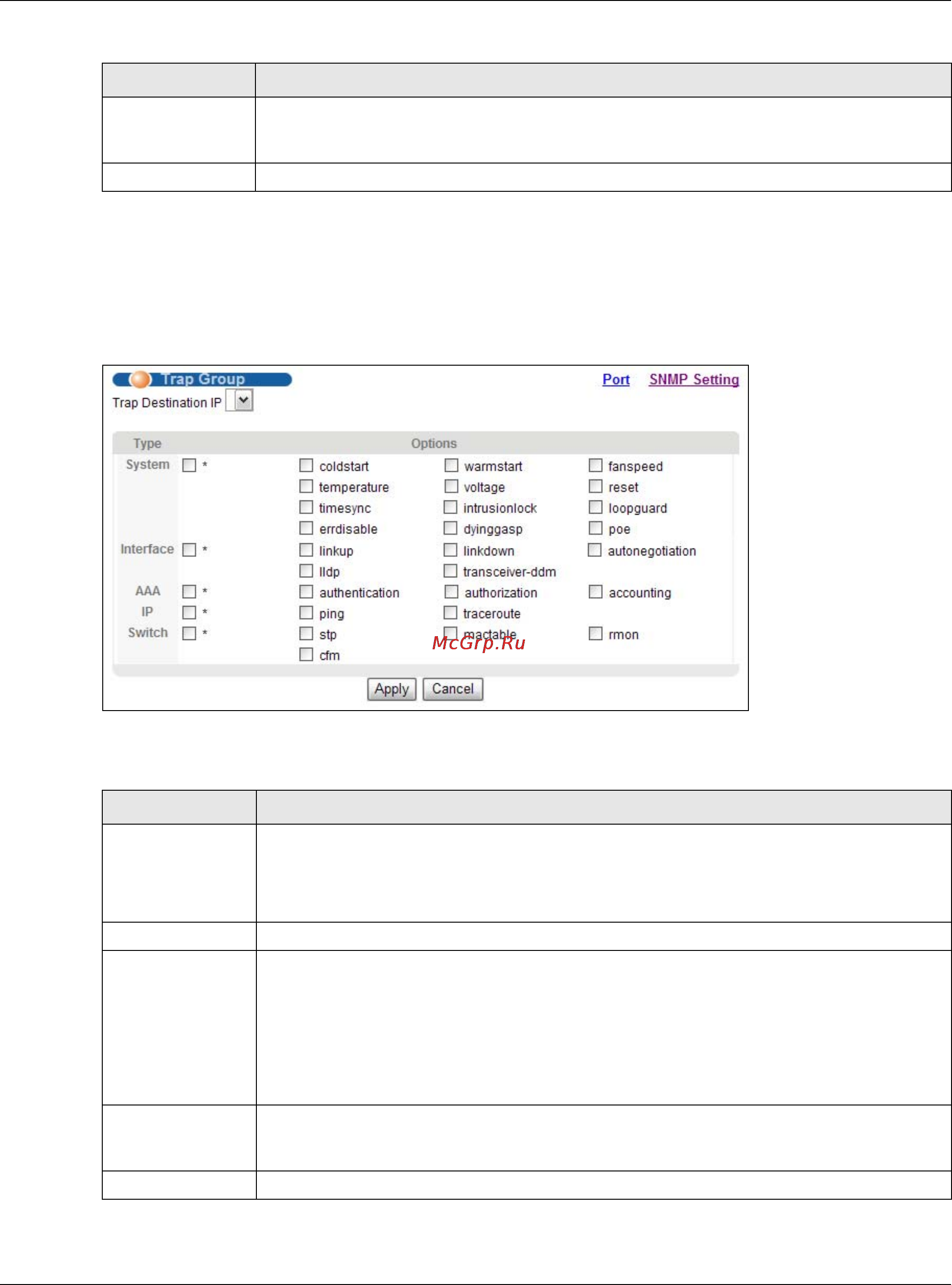 Zyxel XGS3700-24 [359/431] From the snmp screen click trap group to view the screen as shown use the trap group screen to specify the types of snmp traps that should be sent to each snmp manager