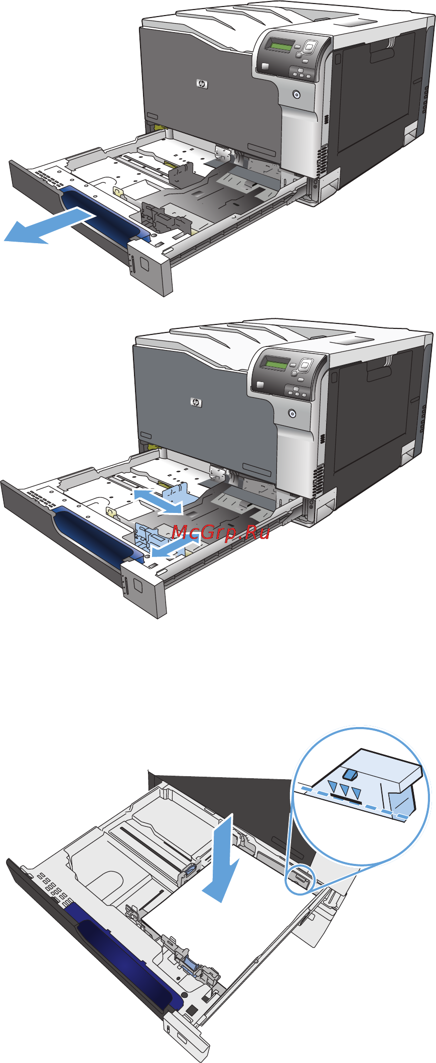 HP color laserjet enterprise 700 m750n [37/144] Загрузка бумаги нестандартного формата в лотки 2 и 3 а также в дополнительные лотки 4 5 и 6