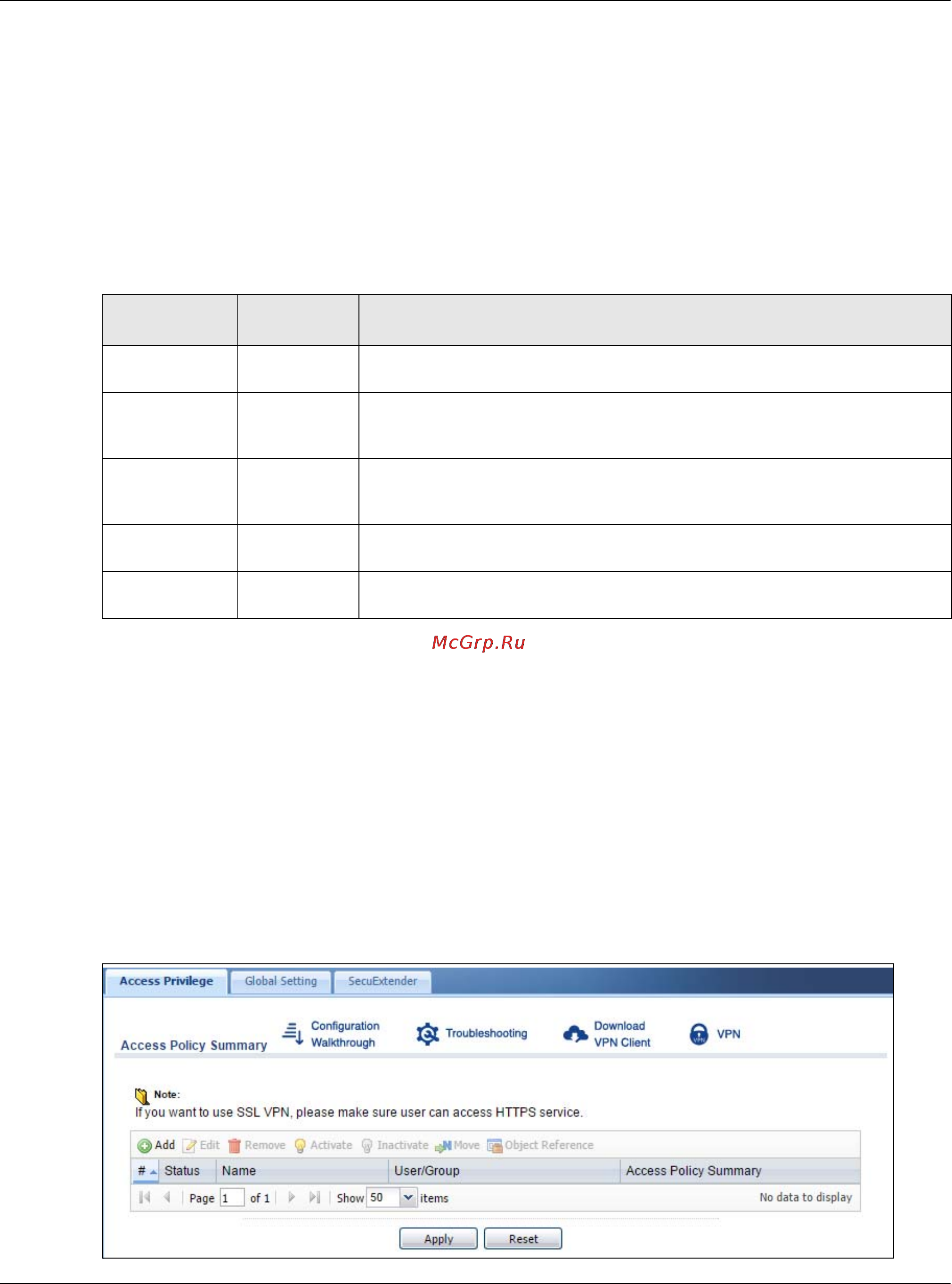 Zyxel USG 60W [421/829] The ssl access privilege screen
