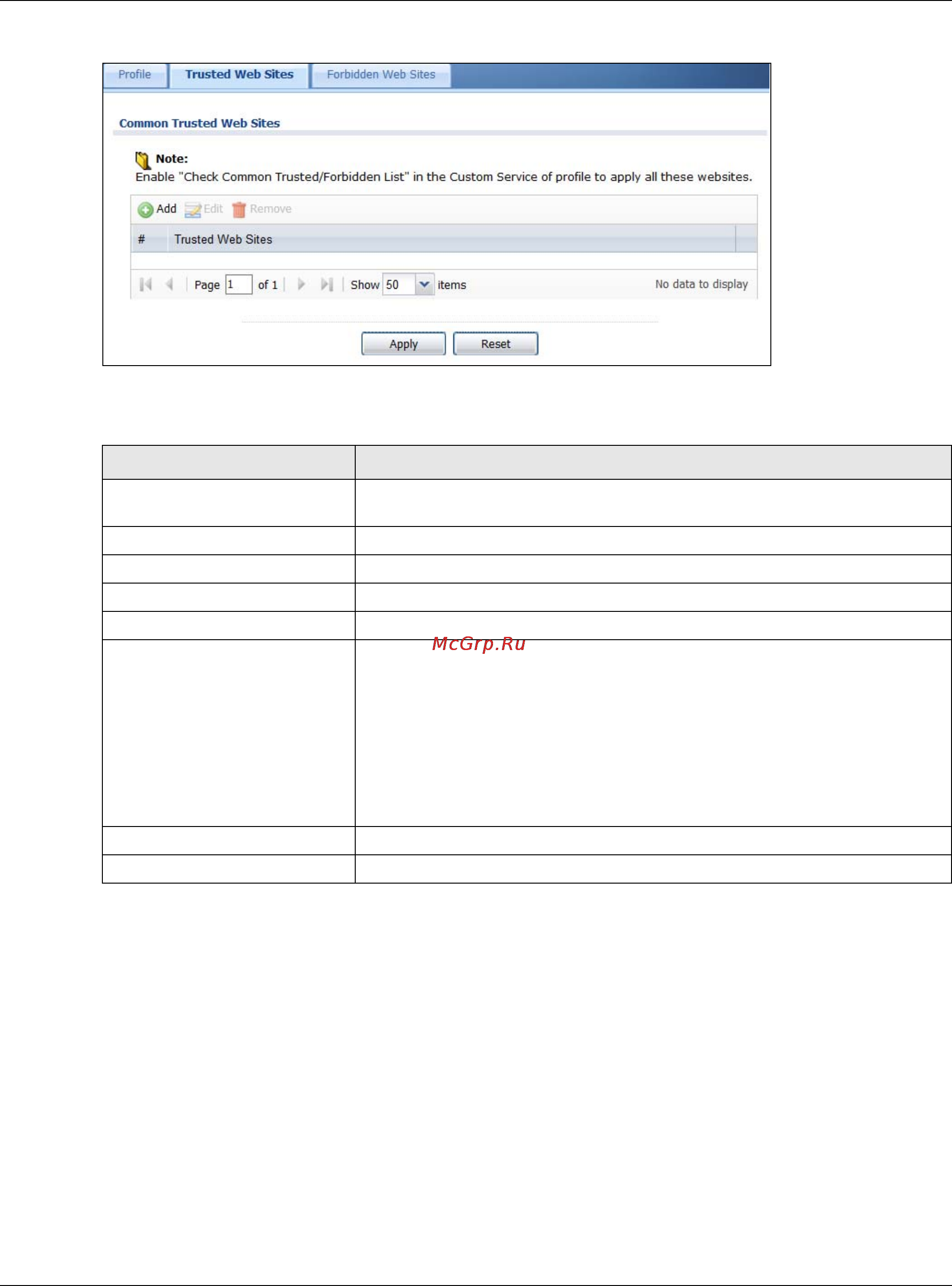 Zyxel USG 60 [490/829] Content filter forbidden web sites screen