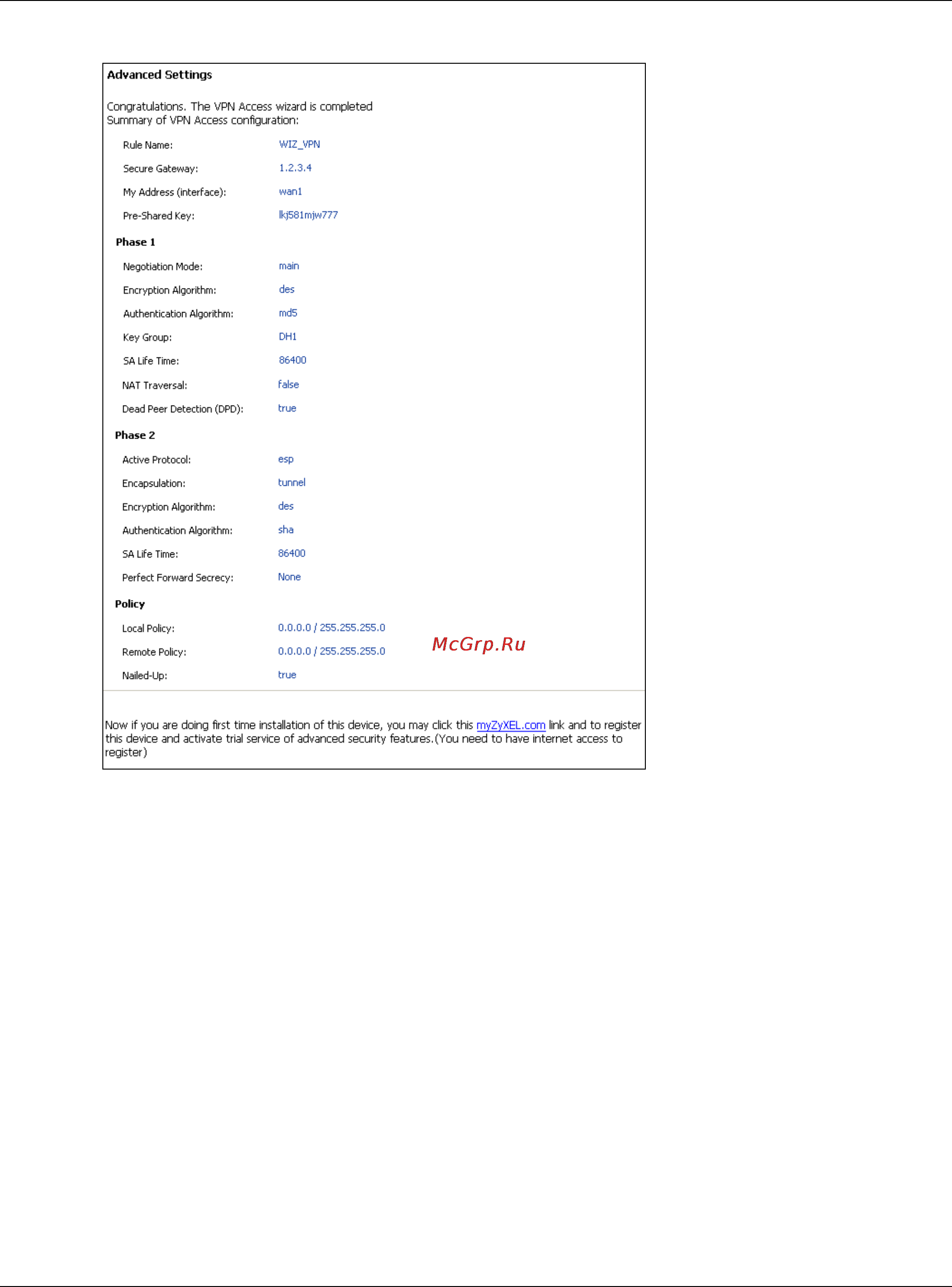 Zyxel ZyWALL 110 [74/829] Vpn settings for configuration provisioning wizard wizard type