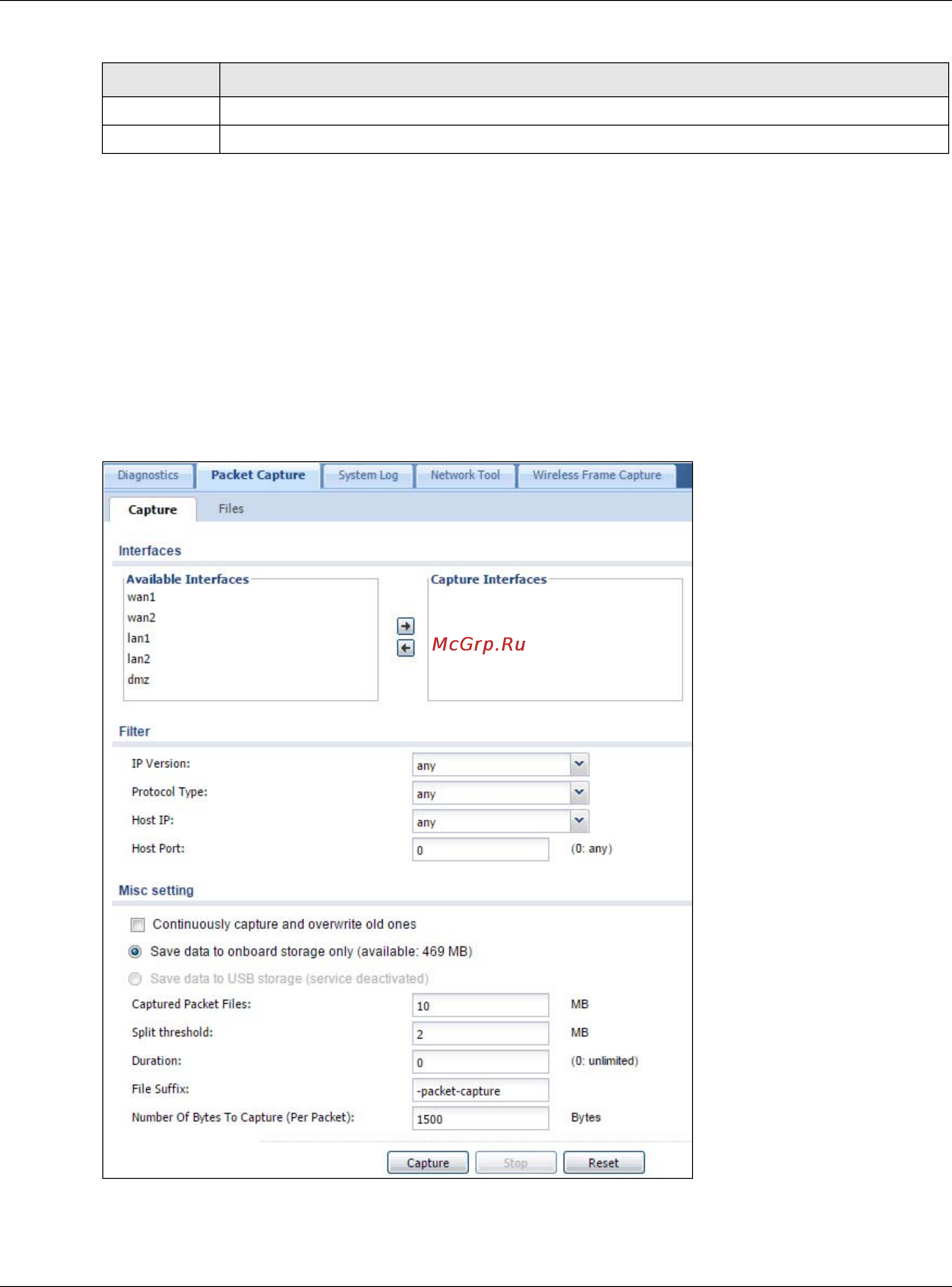 Zyxel ZyWALL 110 [752/829] Note new capture files overwrite existing files of the same name change the file suffix field s setting to avoid this