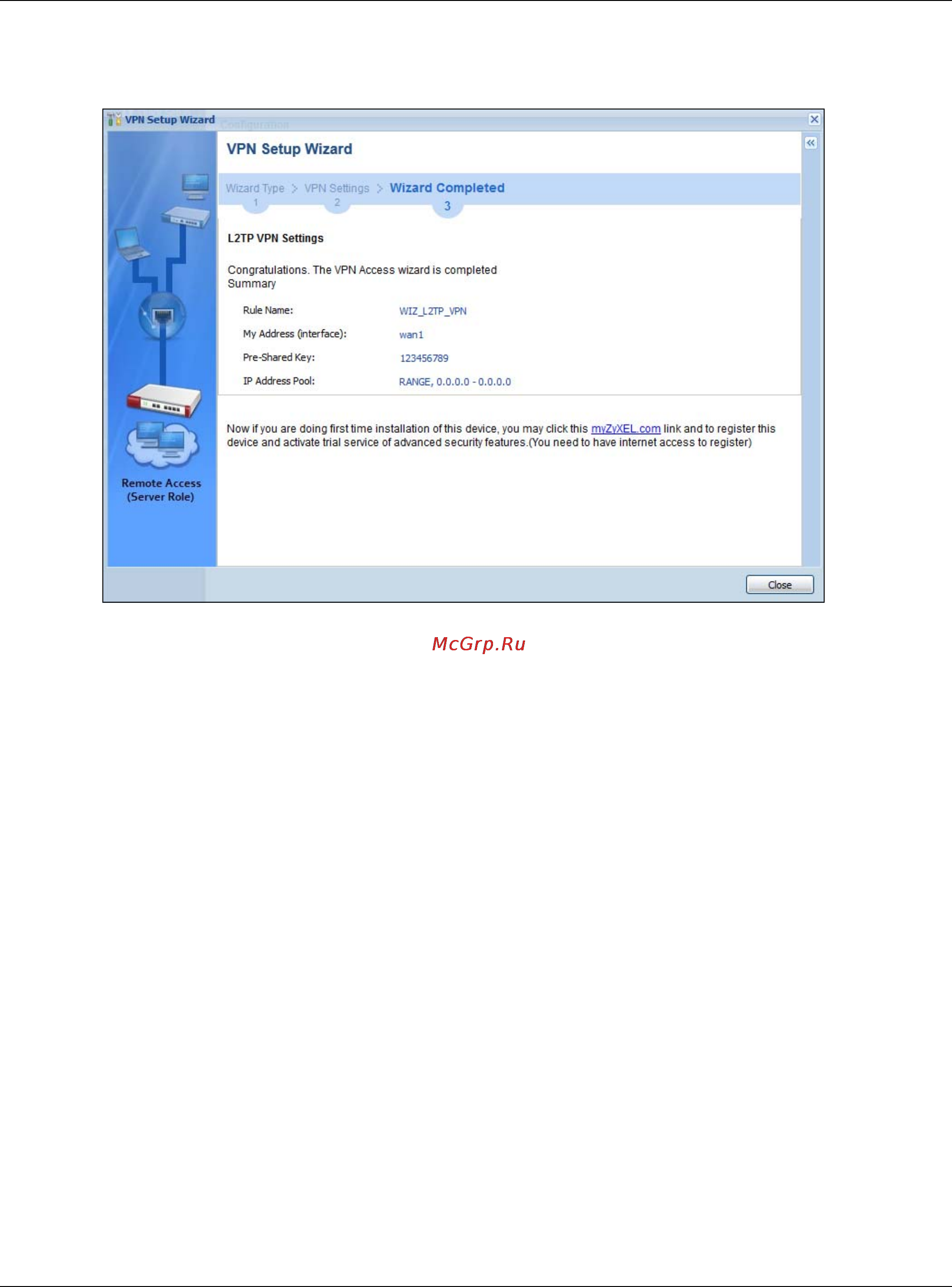 Zyxel ZyWALL 110 [89/829] Vpn settings for l2tp vpn setting wizard completed