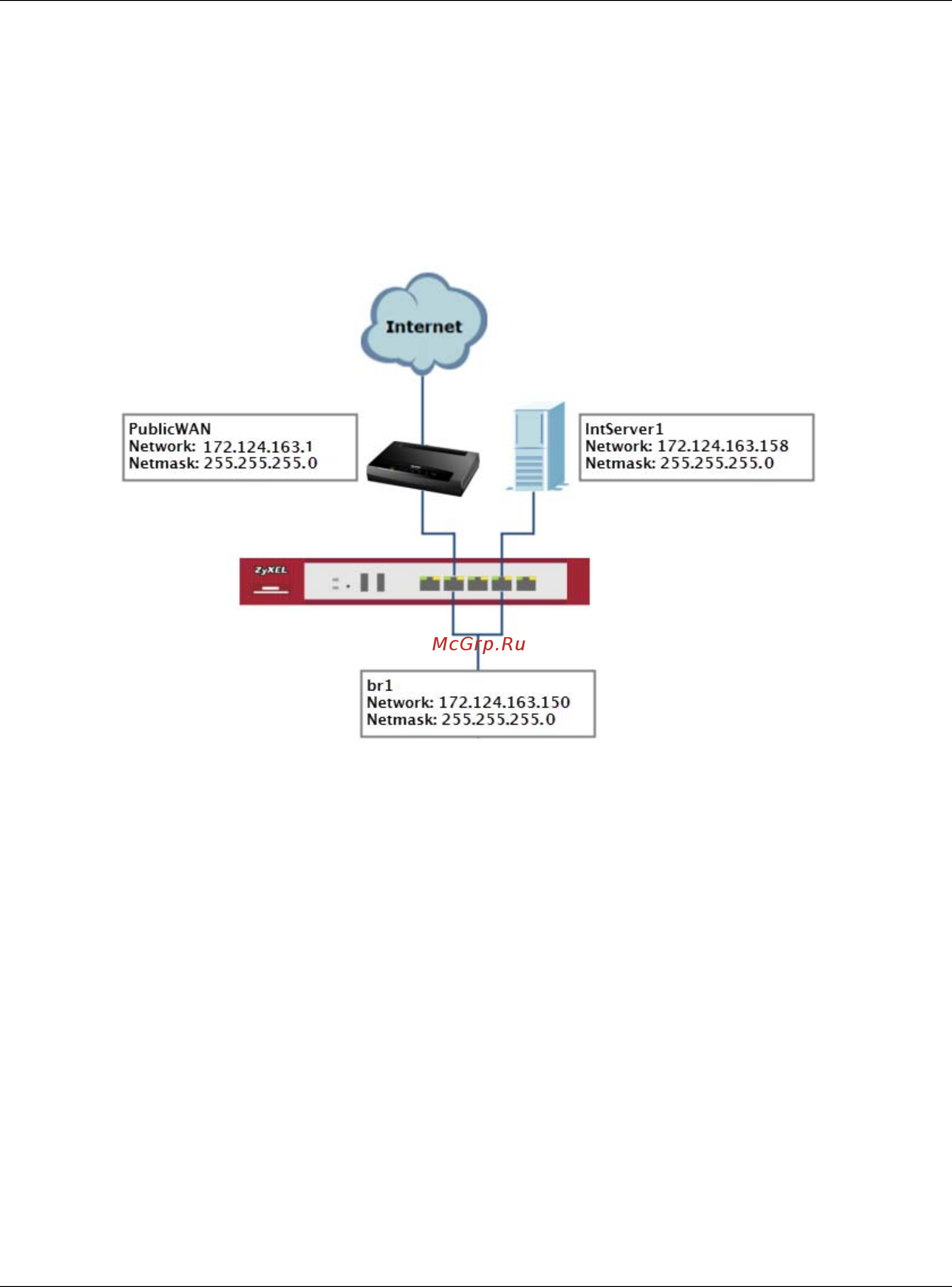 Zyxel ZyWALL 310 [29/327] How to let a server use the same public ip address as the wan interface using the bridge interface