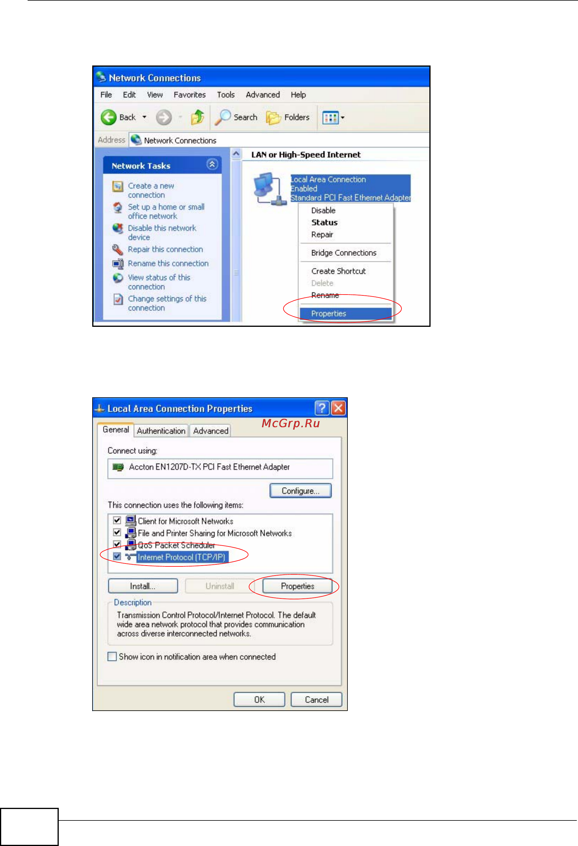 Zyxel P-792H v2 [416/472] Figure 233 windows xp control panel network connections properties
