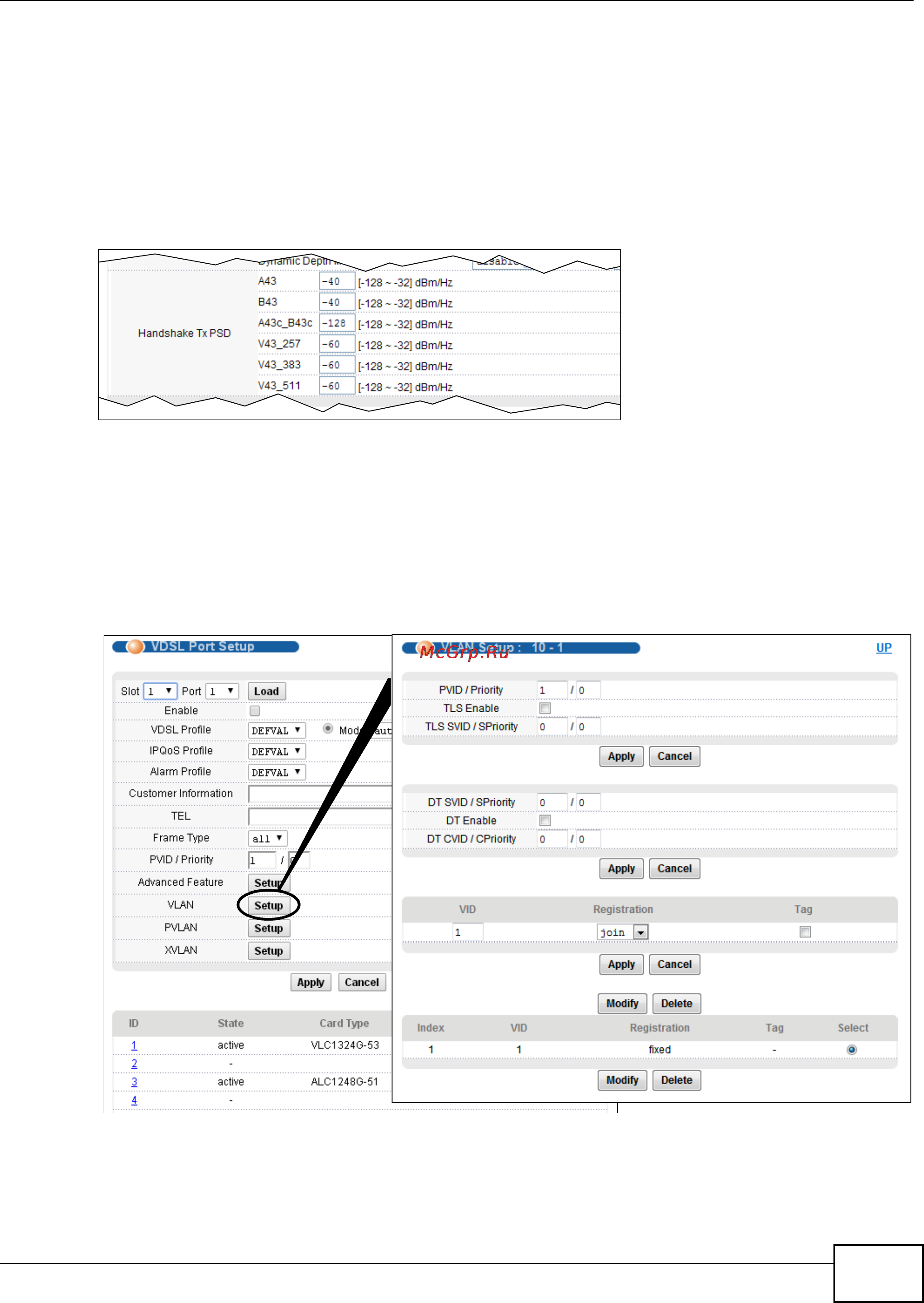 Zyxel IES-6000 [241/1156] Vdsl port setup advanced handshake tx psd