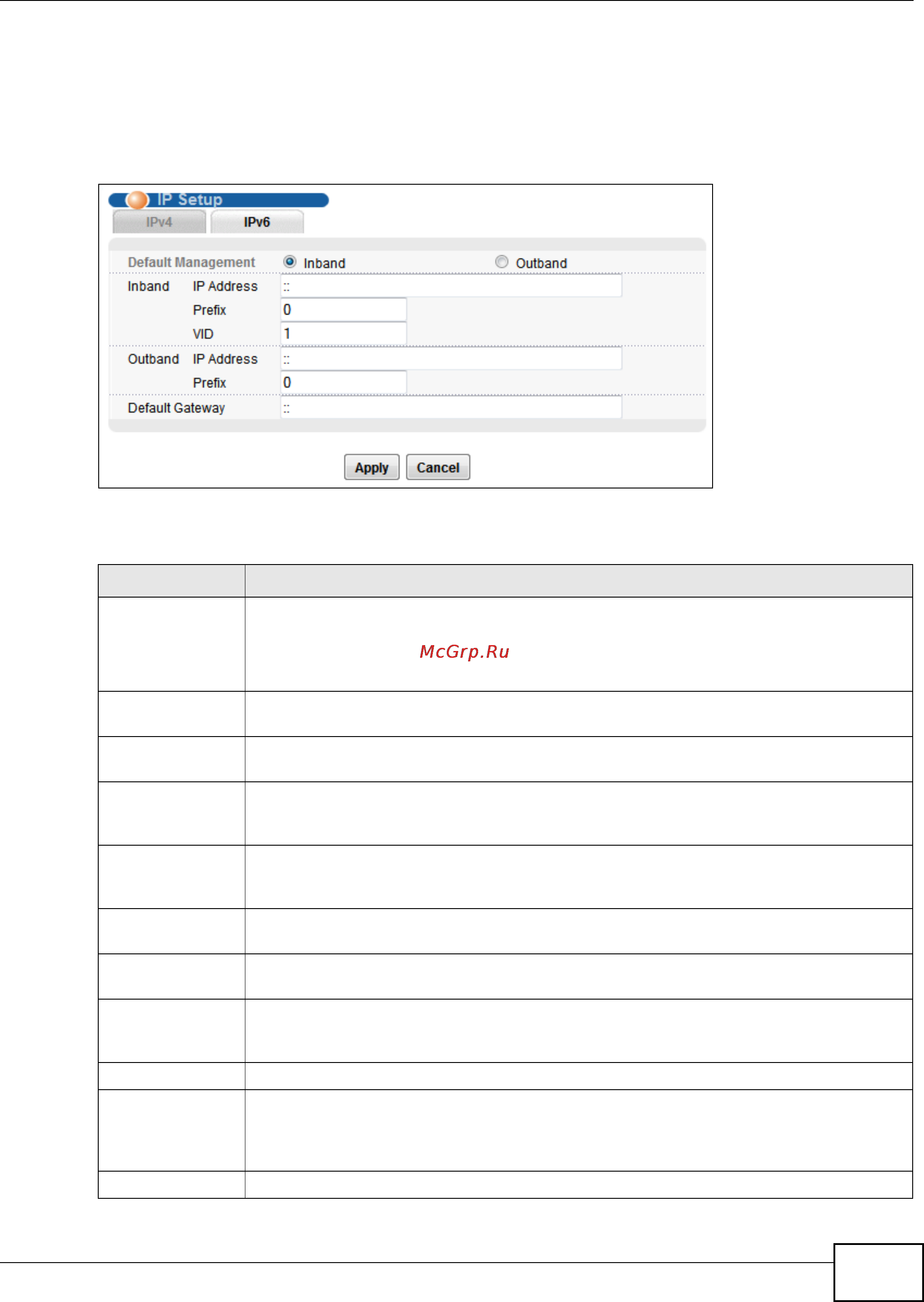 Zyxel IES-5106 [573/1156] Ip setup from the navigation panel and then ipv6 to open the following screen use this screen to configure the system and management ip addresses and subnet masks