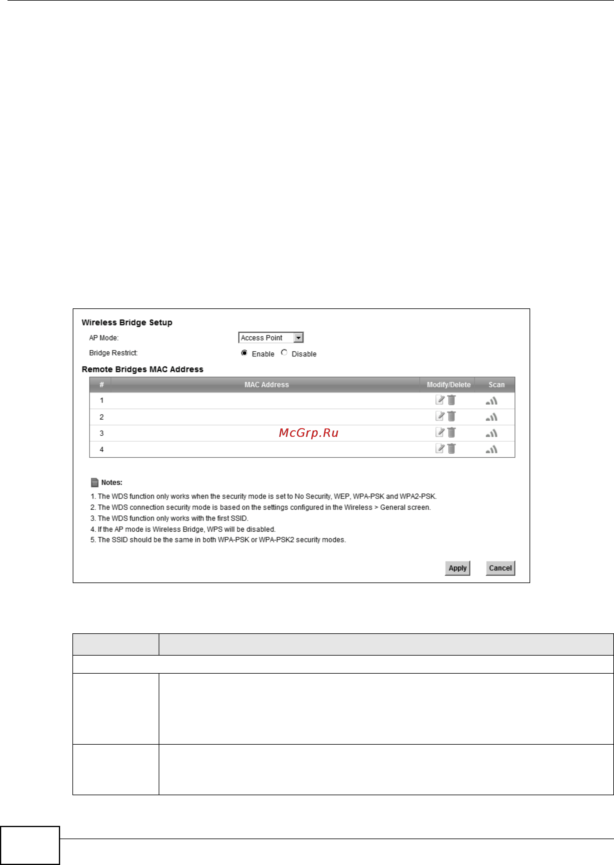 Zyxel VMG1312-B10B [118/394] An ap using the wireless distribution system wds can function as a wireless network bridge allowing you to wirelessly connect two wired network segments the wds screen allows you to configure the device to connect to two or more aps wirelessly when wds is enabled