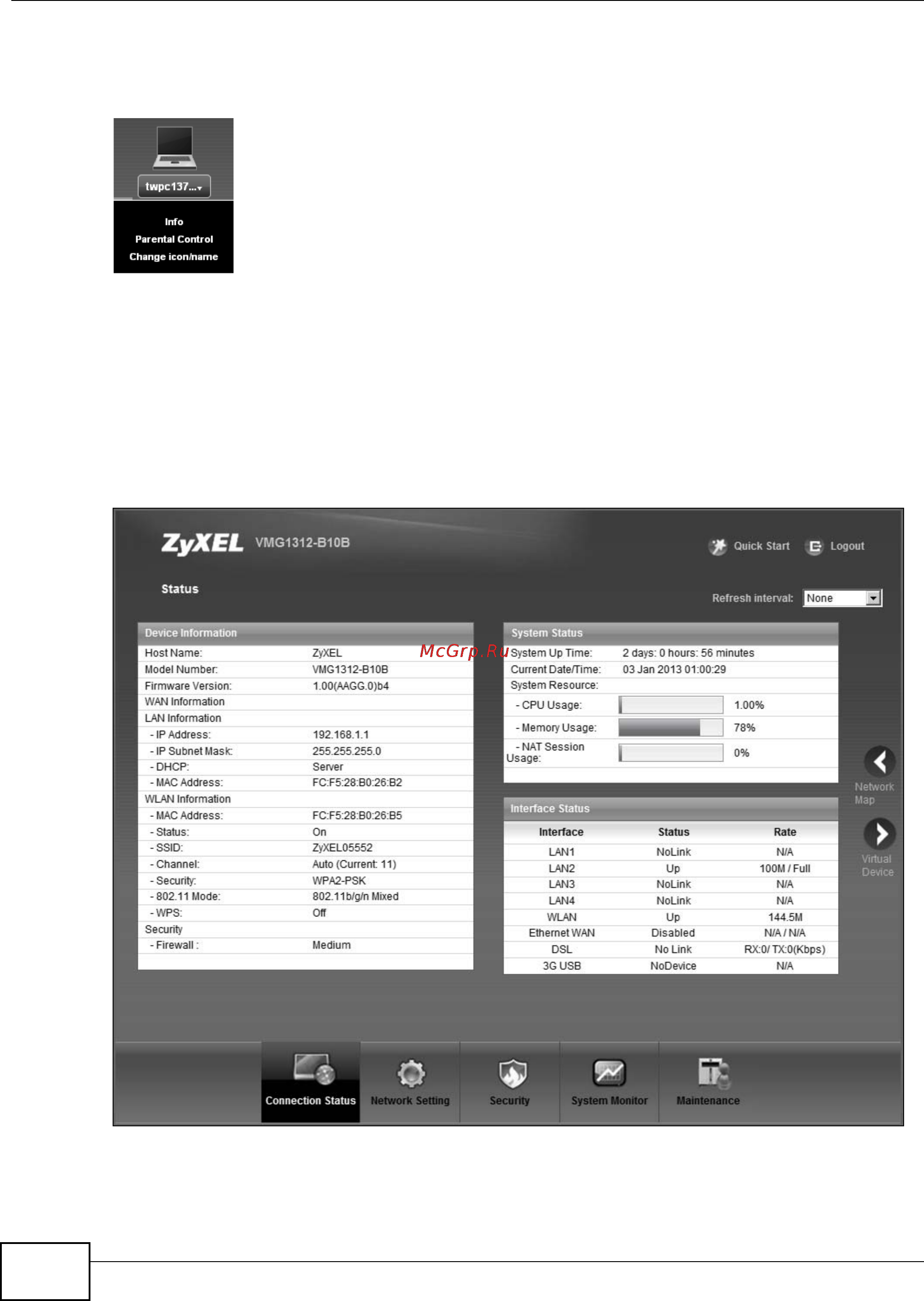 Zyxel VMG1312-B10B [72/394] The status screen