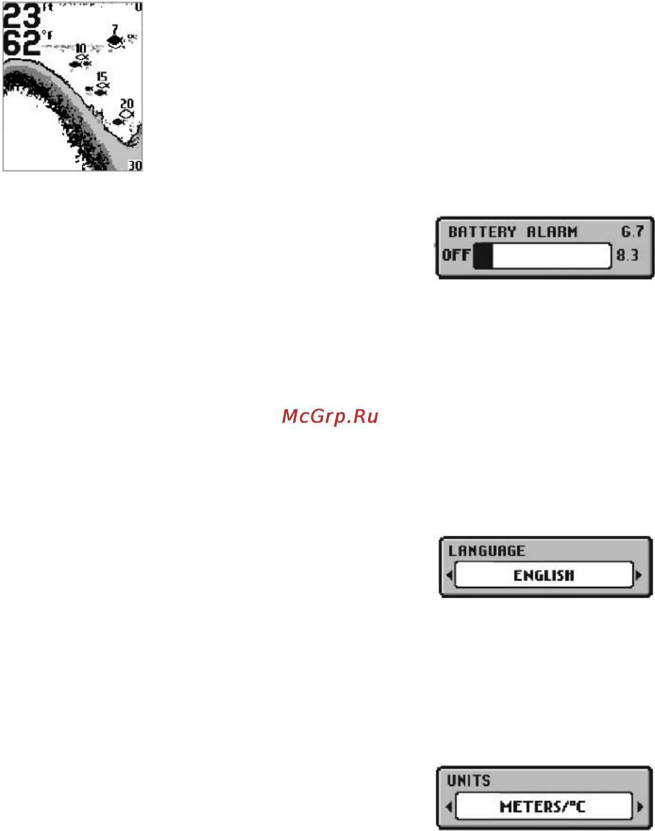 Humminbird Fishin Buddy 110 [23/30] Уровень заряда в батареях battery alarm setup menu
