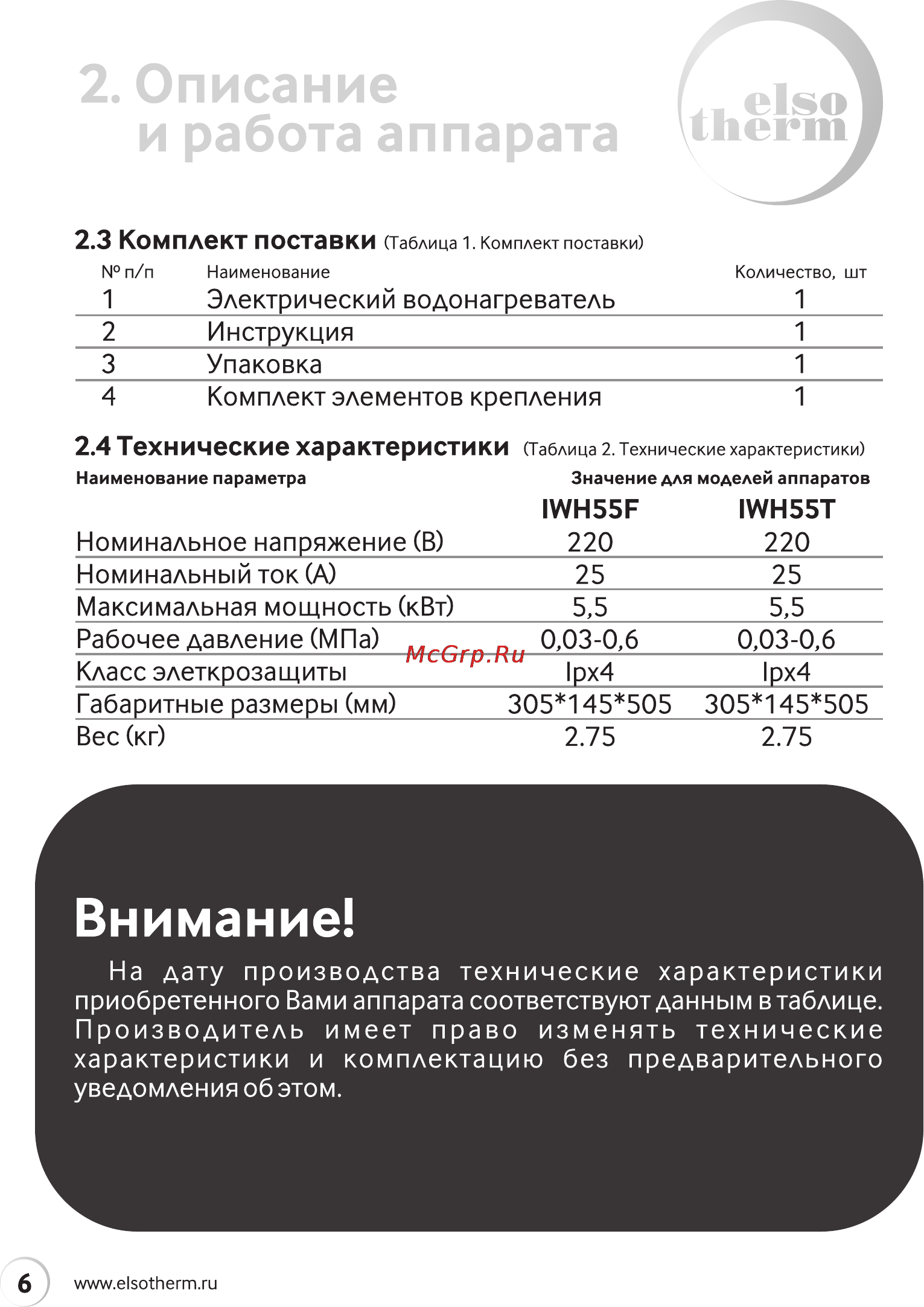 Elsotherm IWH55F [6/20] Описание
