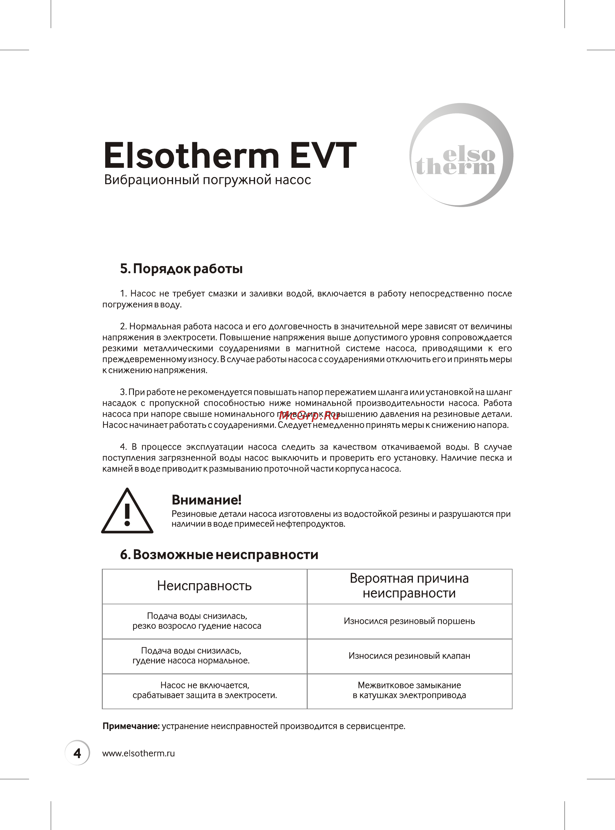 Elsotherm EVT 60-40 [4/8] Возможные неисправности