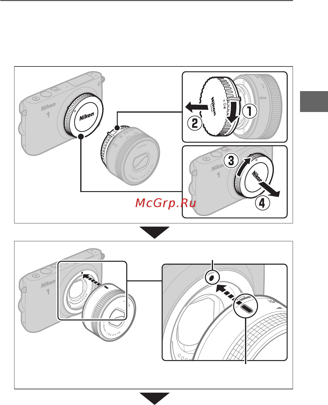 Nikon 1 s2 kit 11-27.5mm red [35/236] Установите объектив следите чтобы при снятом объективе или снятой защитной крышке внутрь фотокамеры не попала пыль обычно в качестве иллюстрации в данном руководстве представлен объектив 1 nikkor vr 10 30 мм f 3 5 5 6 pd zoom