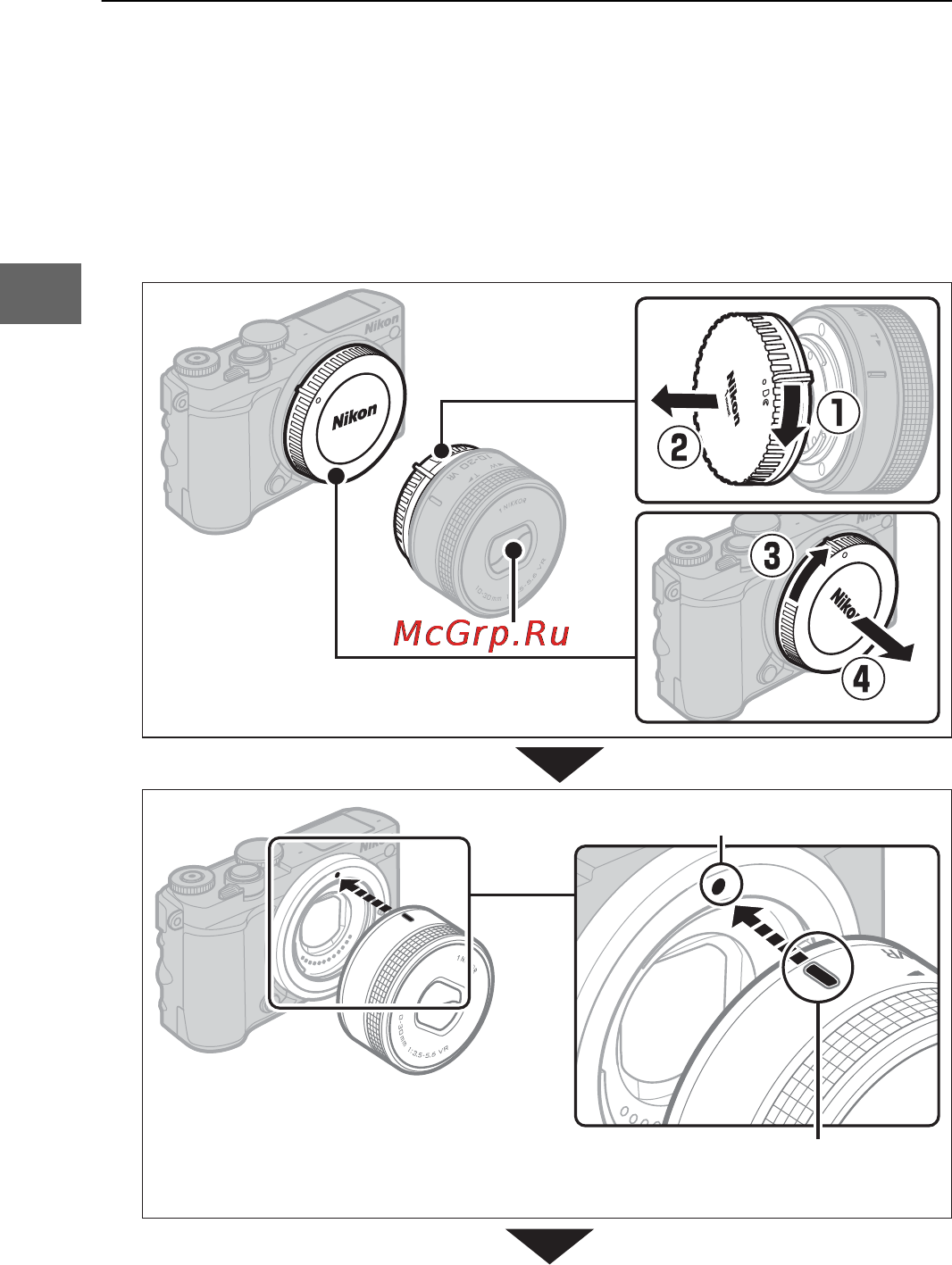 Nikon 1 j5 kit 10-30mm vr black [40/160] Установите объектив следите чтобы при снятом объективе или снятой защитной крышке внутрь фотокамеры не попала пыль обычно в качестве иллюстрации в данном руководстве представлен объектив 1 nikkor vr 10 30 мм f 3 5 5 6 pd zoom при использовании 1 nikkor vr 10 30 мм f 3 5 5 6 pd zoom не касайтесь крышки объектива несоблюдение данной меры предосторожности может привести к повреждению изделия