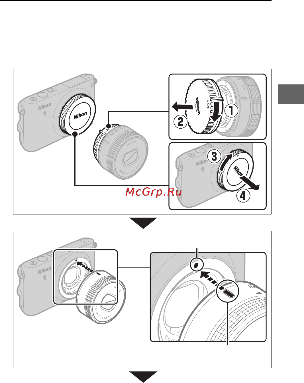 Nikon 1 s2 kit 11-27.5mm white [35/236] Attach a lens be careful to prevent dust from entering the camera when the lens or body cap is removed the lens generally used in this manual for illustrative purposes is a 1 nikkor vr 10 30mm f 3 5 pd zoom