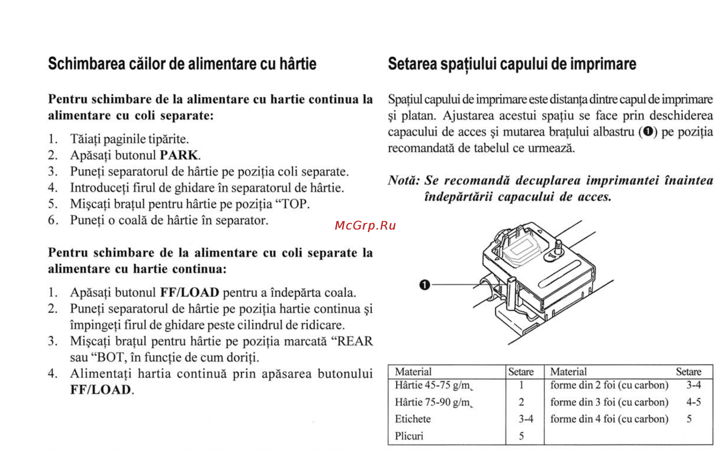 OKI ml3320 [12/43] Schimbarea cäilor de alimentare cu hârtie setarea spatiului capului de imprimare