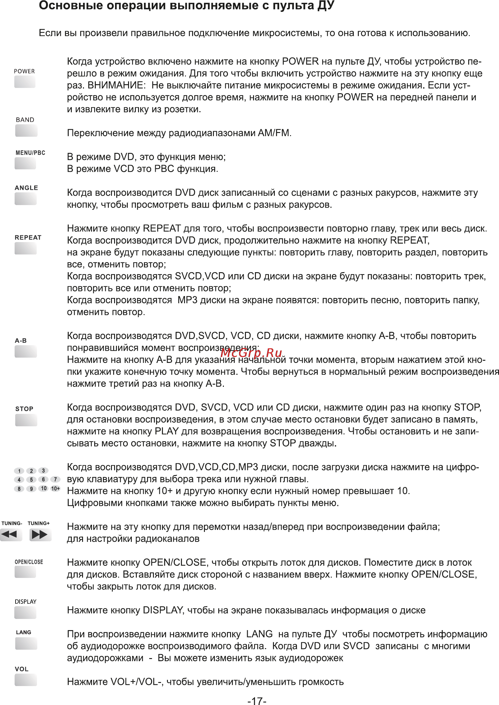 Rolsen RMD-320 [17/29] Основные операции выполняемые с пульта ду