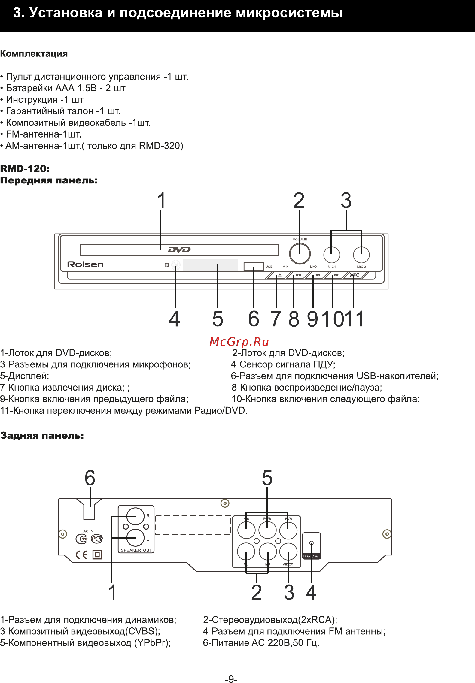 Rolsen RMD-320 [9/29] Установка и подсоединение микросистемы