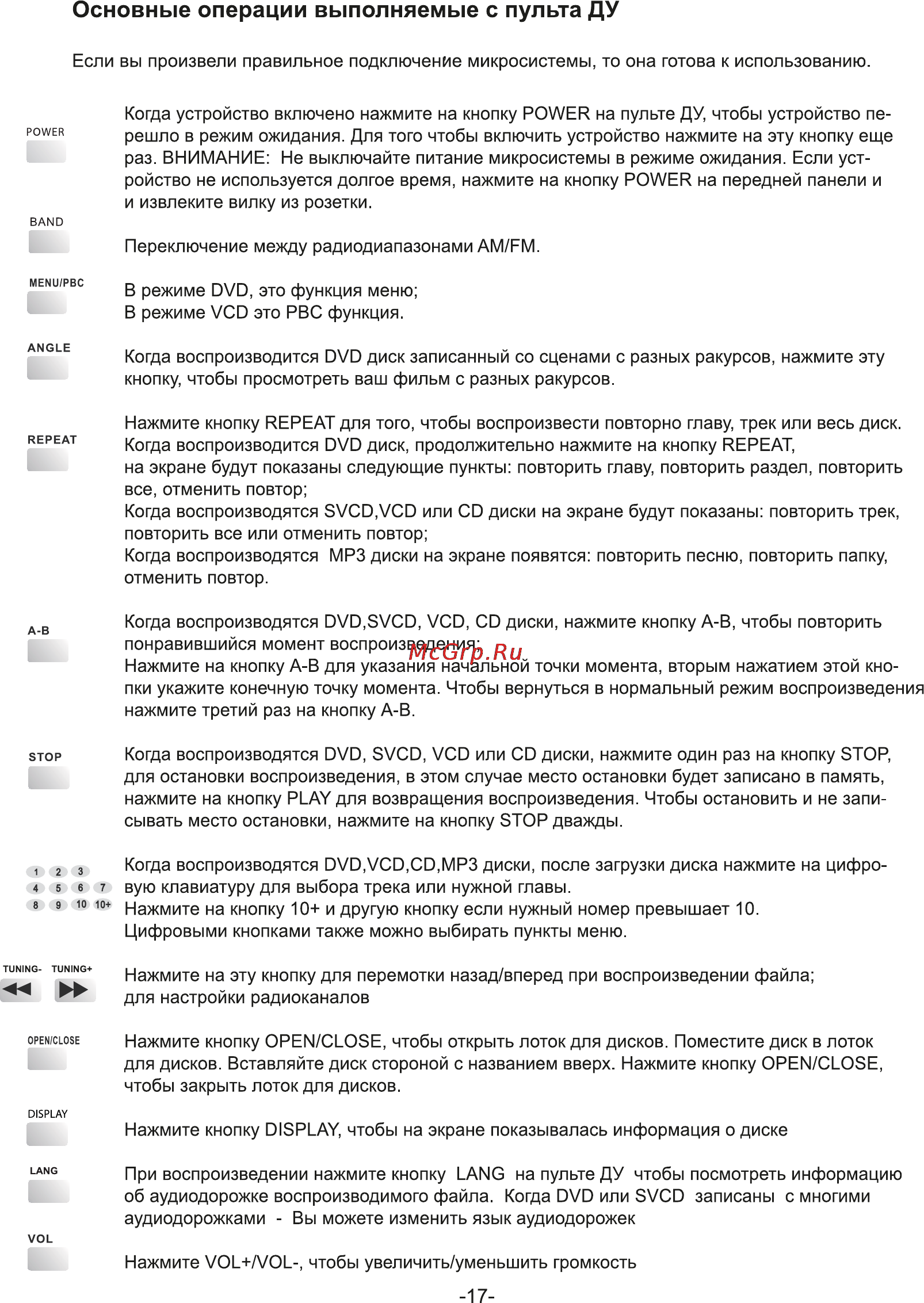 Rolsen RMD-200 [17/29] Основные операции выполняемые с пульта ду
