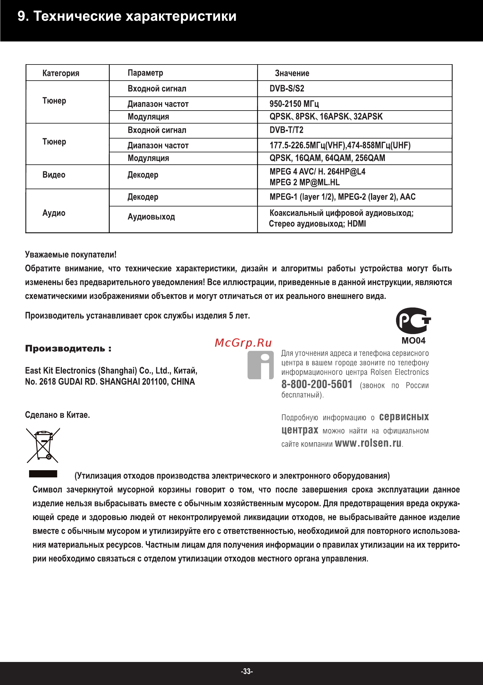 Rolsen RDB-902 [31/34] Технические характеристики
