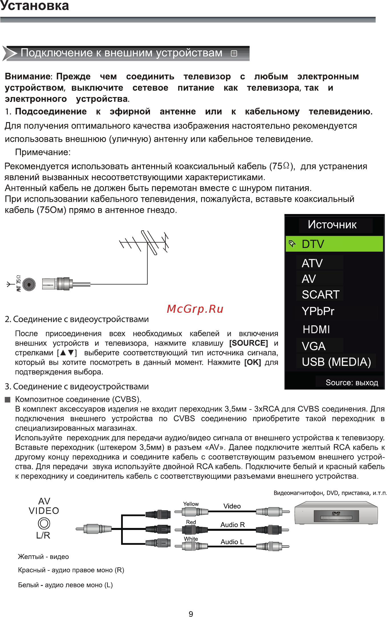 Рубин rb-24se5t2c [11/40] Подсоединение к эфирной антенне или к кабельному телевидению
