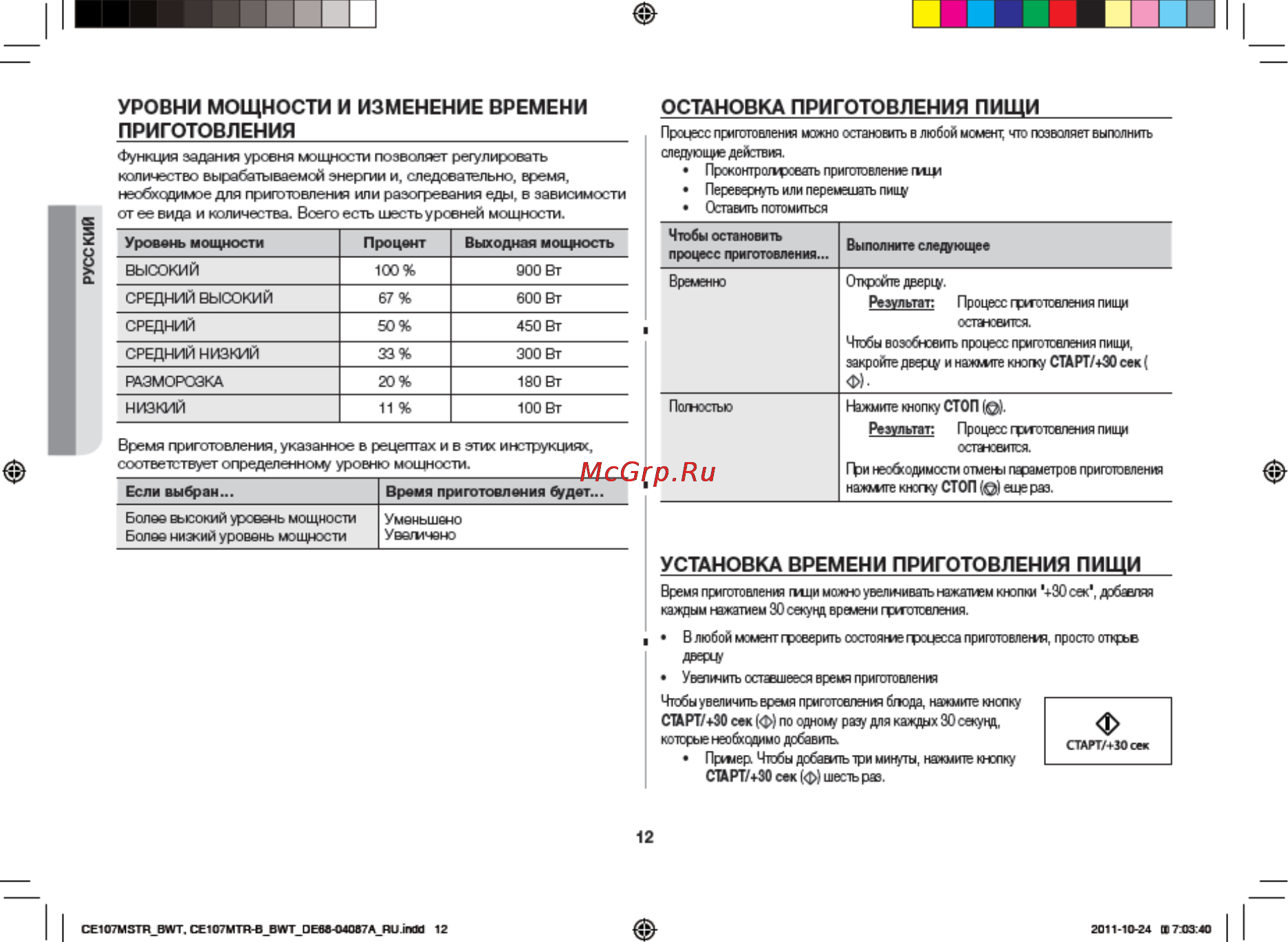 Samsung CE107MTSTR [12/36] Остановка приготовления пищи___________