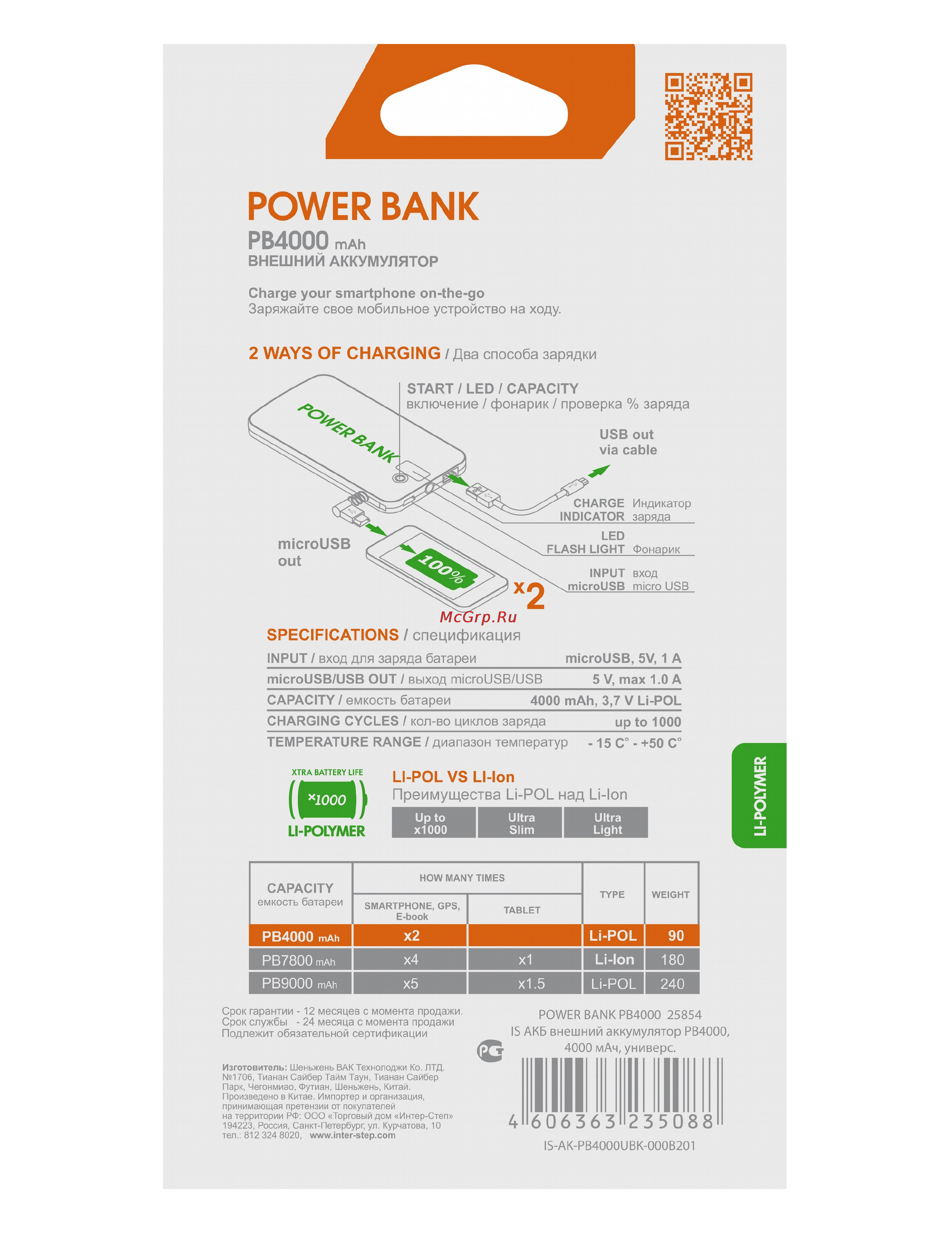 Interstep PB4000 4000 mAh Инструкция по эксплуатации онлайн