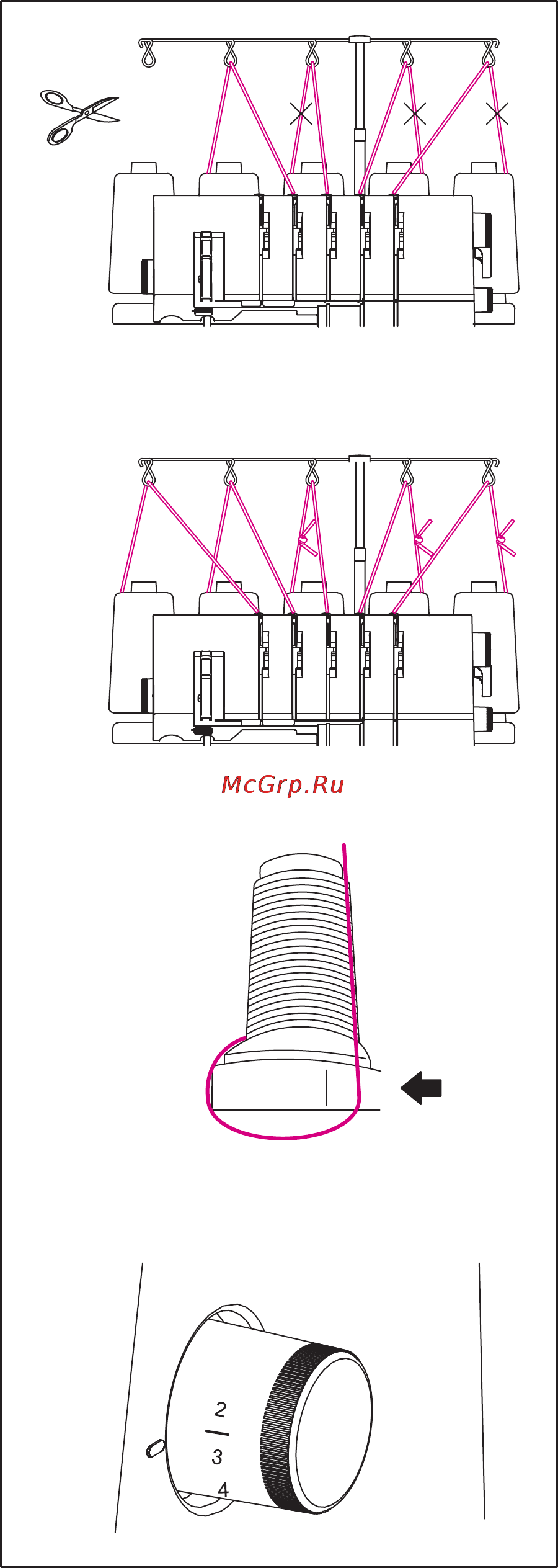Merrylock 0115A [31/51] Замена ниток методом связывания