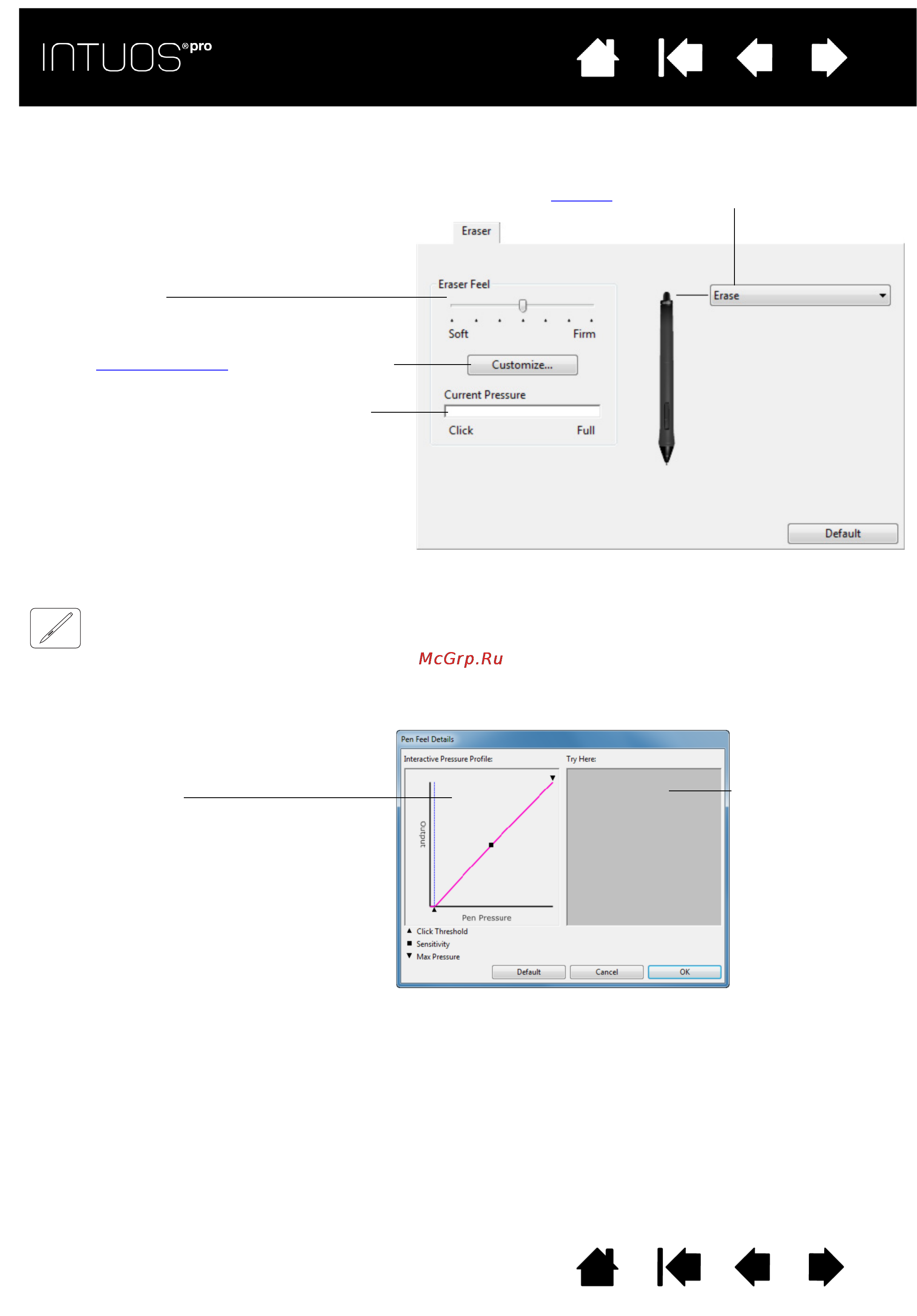 Wacom intuos pro s small [31/98] Dialog box enable you to independently change the tip or eraser pressure sensitivity and click threshold settings