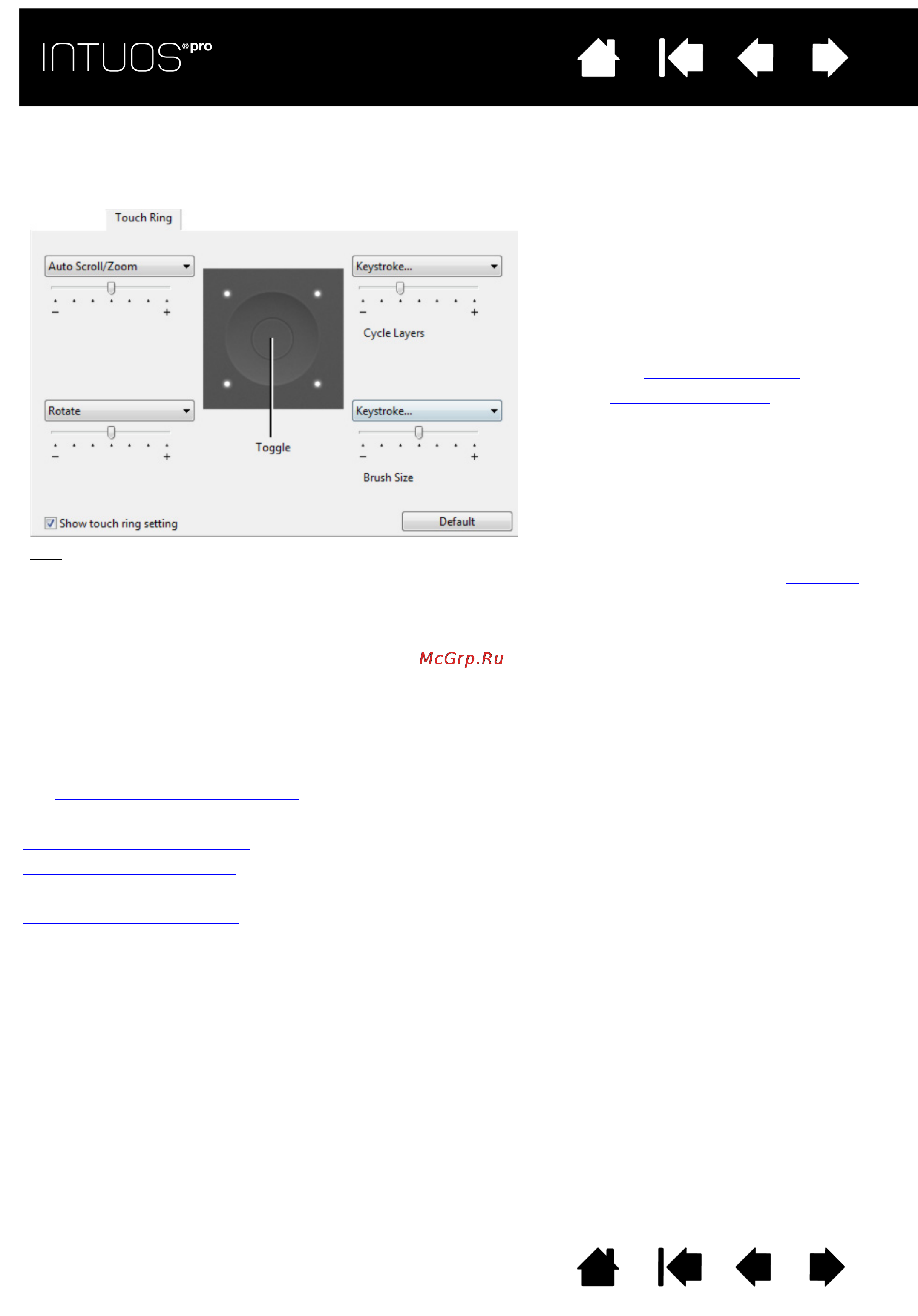 Wacom intuos pro l large [34/98] Tab touch ring functions can be modified to perform various zooming scrolling or custom keystroke actions