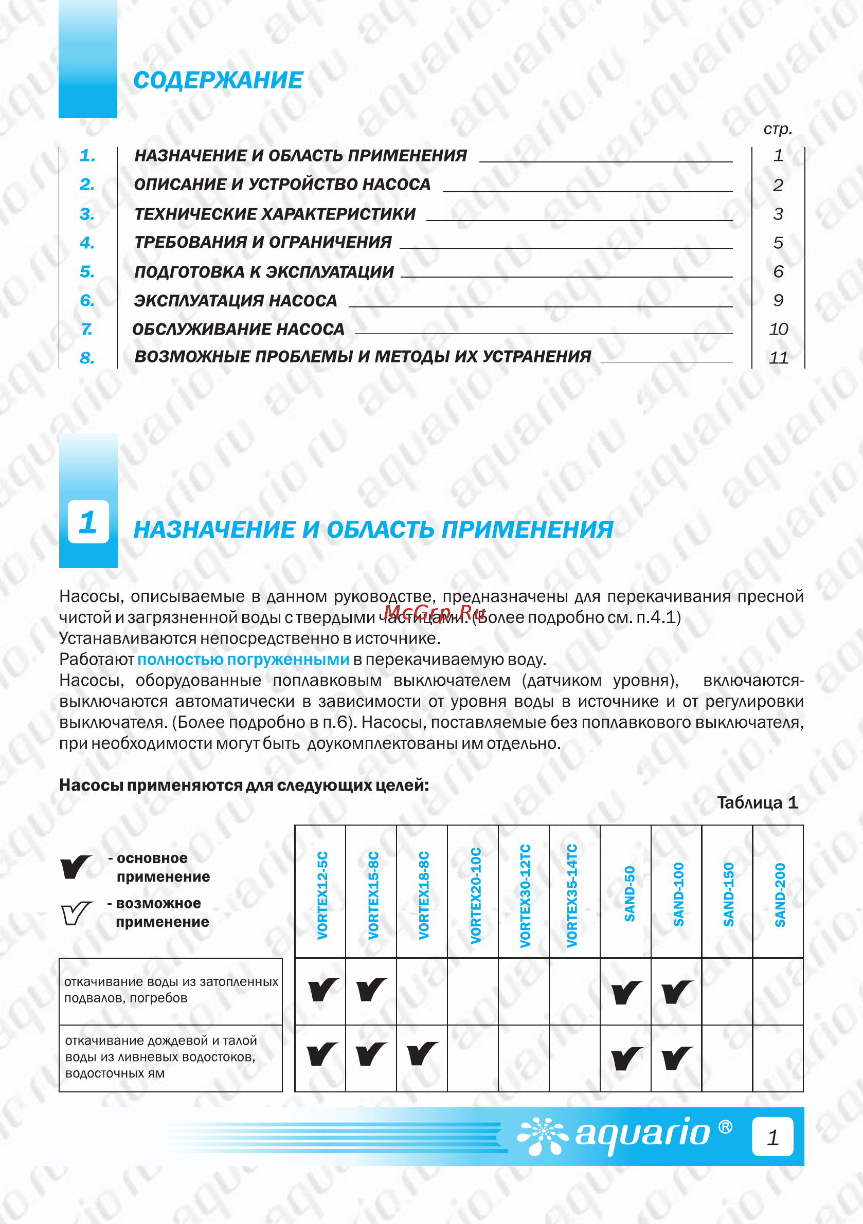 Aquario Vortex 18-8C [3/14] Назначение и область применения