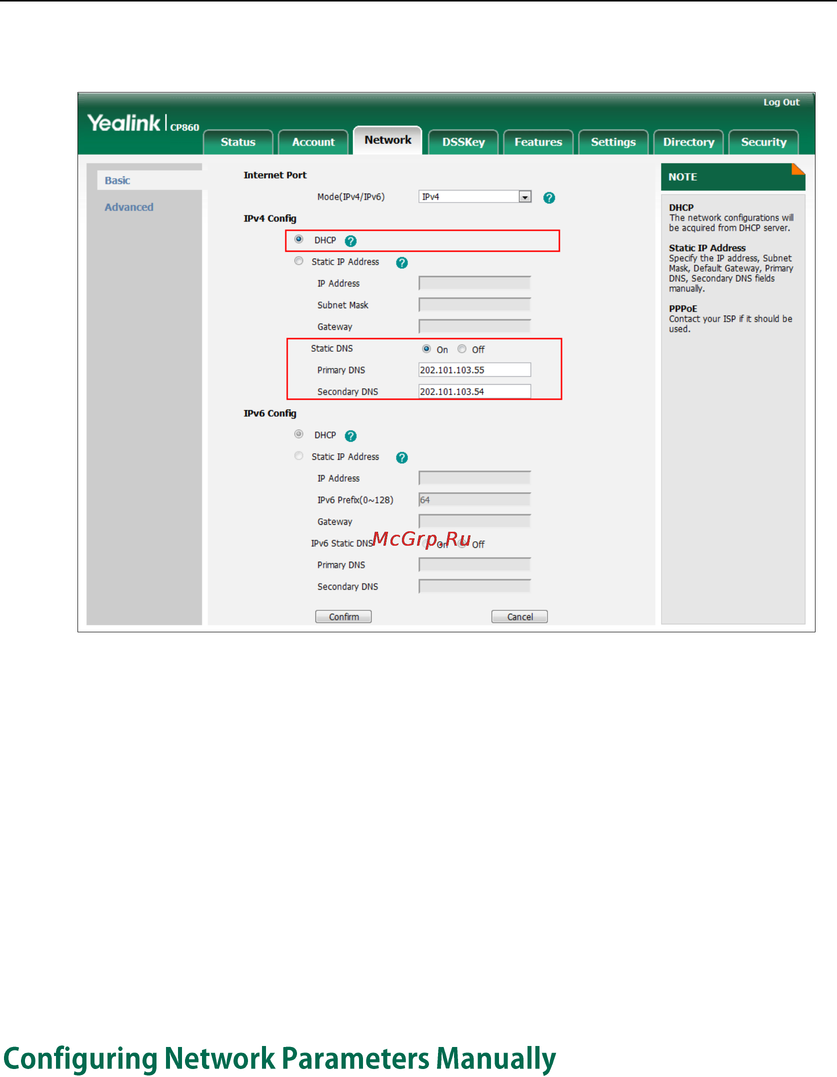 Yealink CP860 [36/417] Configuring network parameters manually