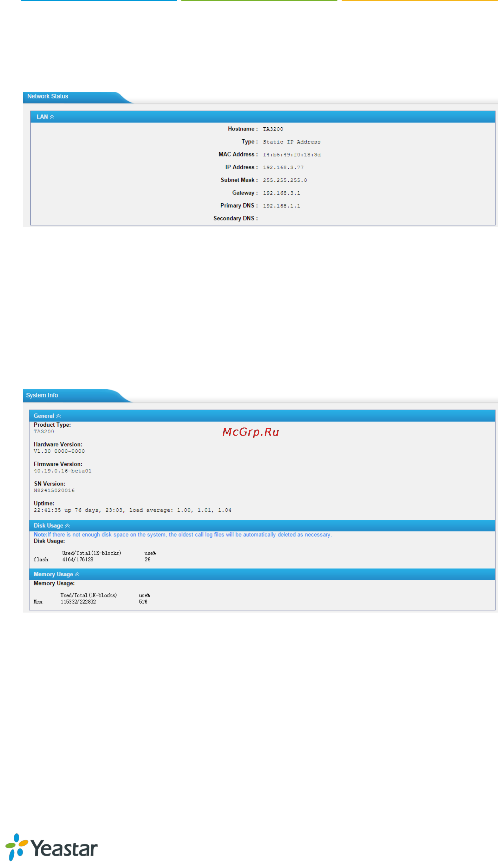 Yealink TA2400 [64/66] Network status