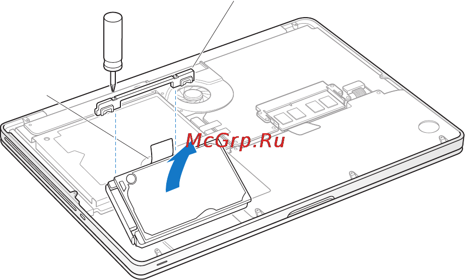 Apple MacBook Pro 13 [40/88] Найдитедержательнаверхнейповерхностидиска крестовойотверткойослабьте дваневыпадающихвинта которыефиксируютдержатель поместитедержатель в безопасноеместо