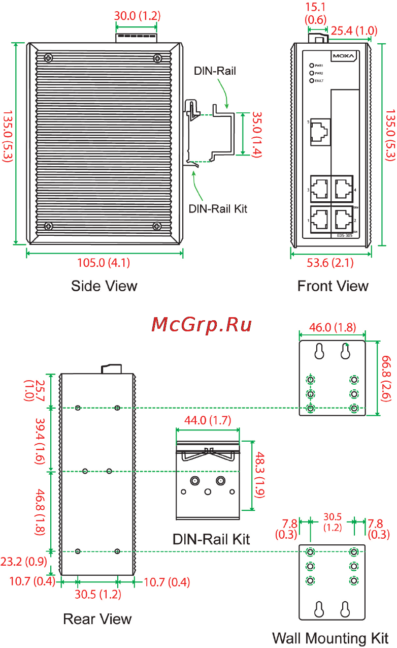 Moxa EDS-305-M-ST-T [6/16] Mounting dimensions