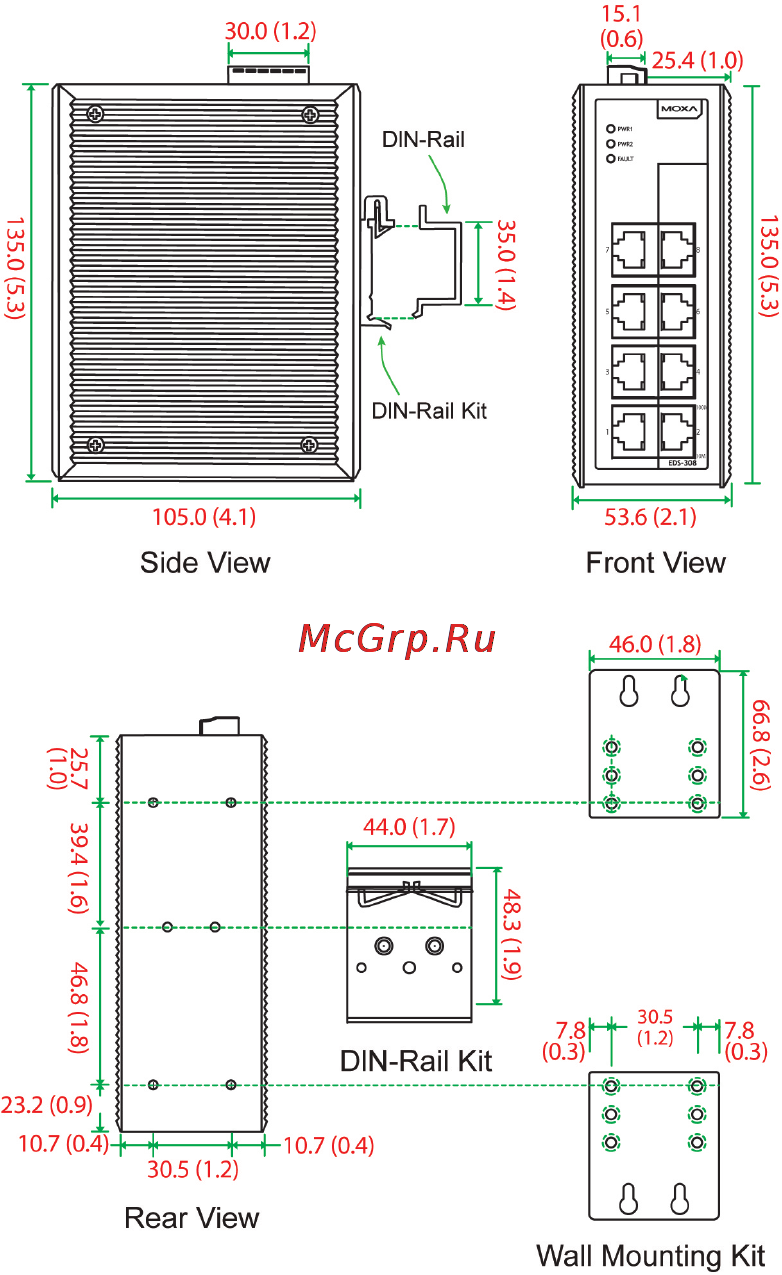 Moxa EDS-308-MM-SC-T [7/17] Mounting dimensions