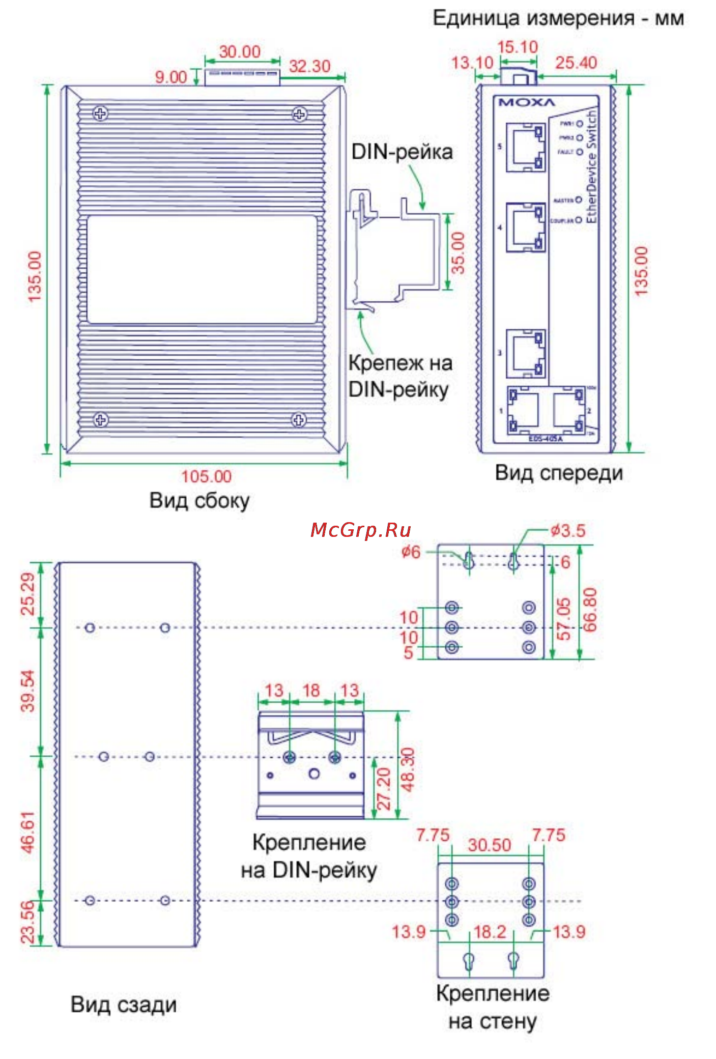 Moxa EDS-405A-MM-ST-T [6/15] Установочные размеры