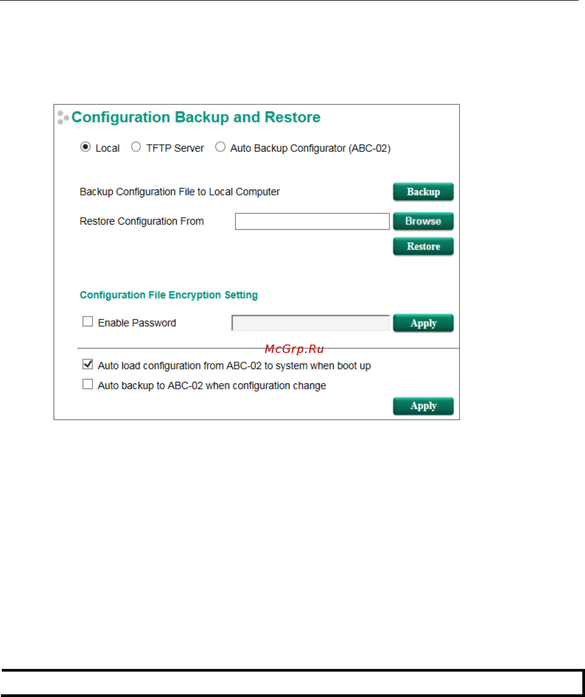 Moxa EDS-518E-4GTXSFP-T [37/116] Configuration backup and restore