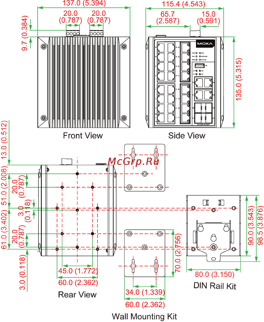 Moxa EDS-528E-4GTXSFP-LV [4/17] Mounting dimensions