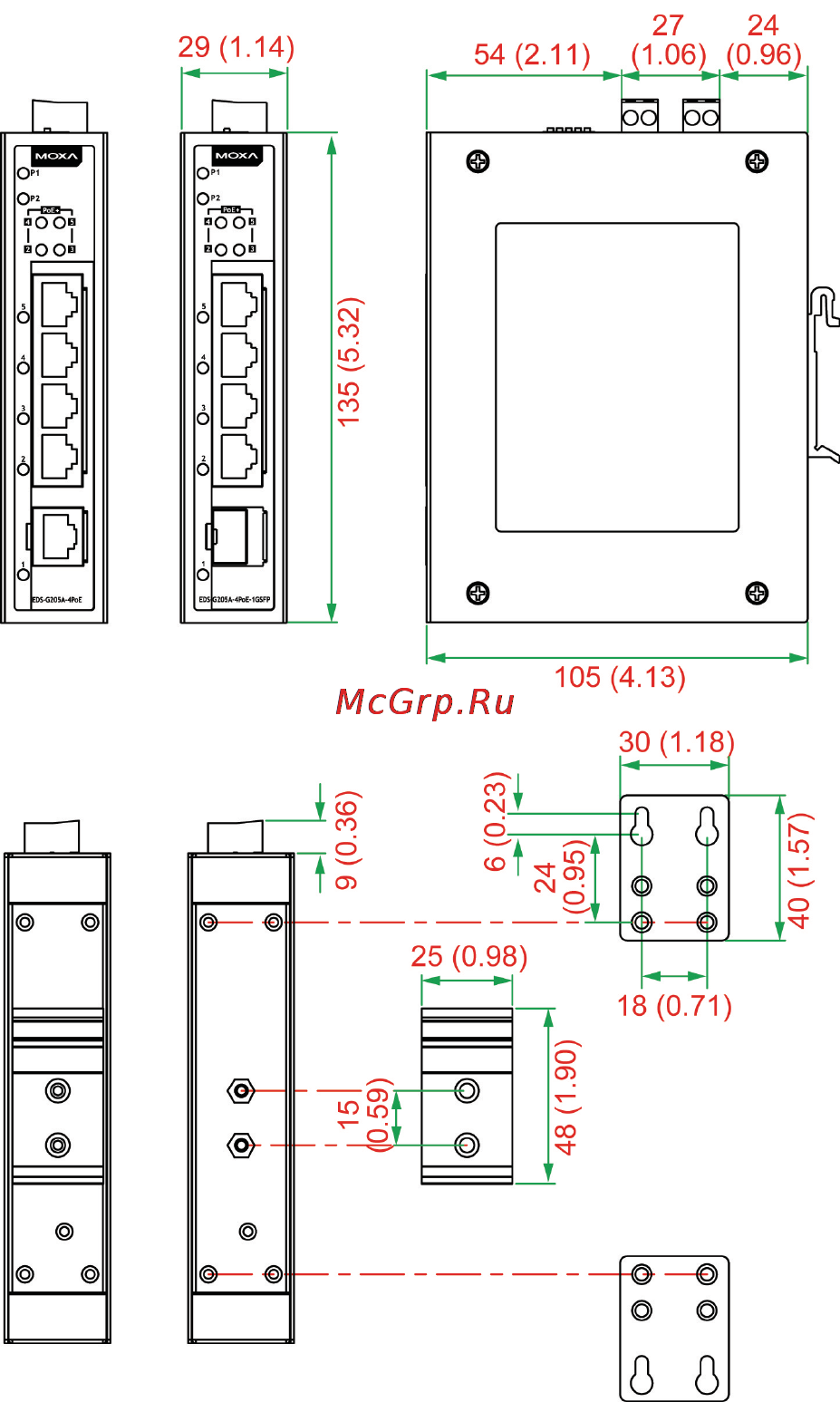 Moxa EDS-G205A-4PoE [4/13] Mounting dimensions
