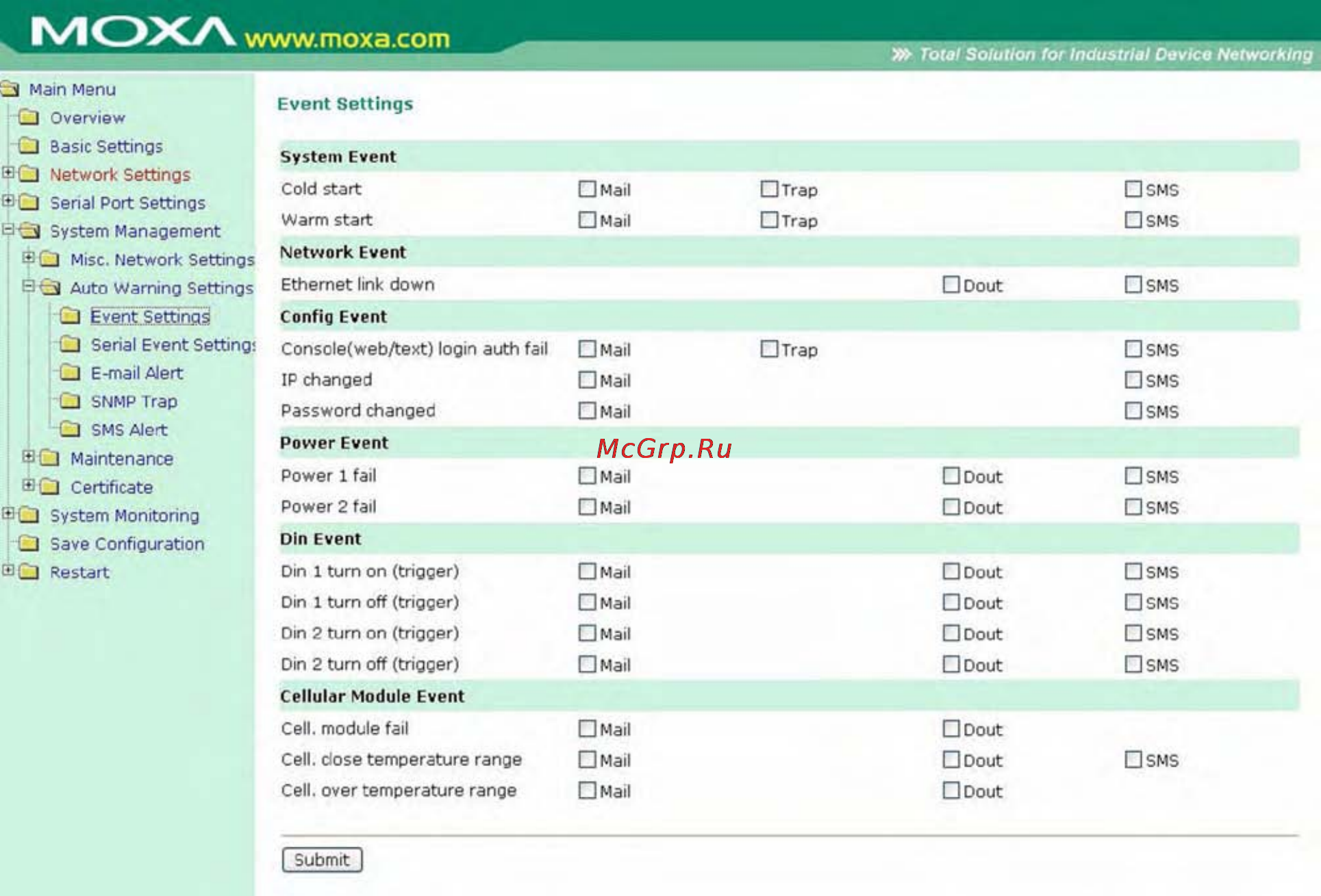 Moxa OnCell G3151 [124/184] Настройки автооповещения auto warning settings