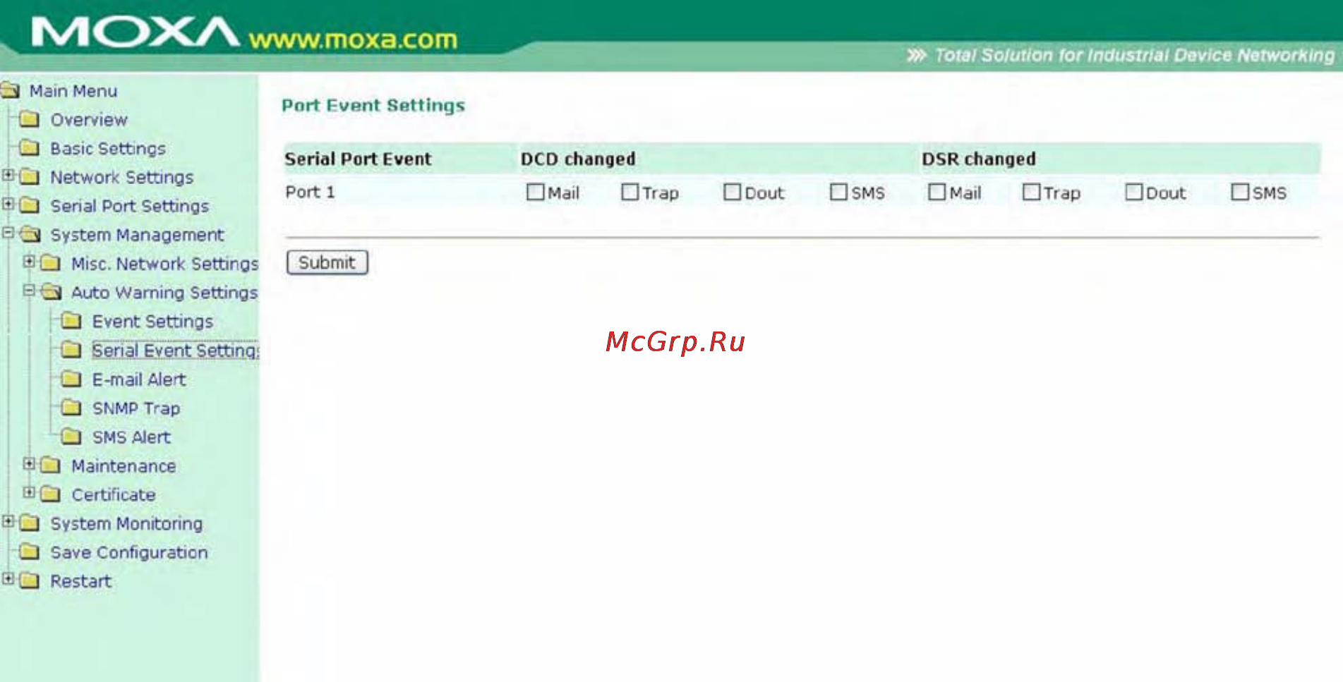 Moxa OnCell G3151 [125/184] Настройки событий по последовательному порту serial event settings