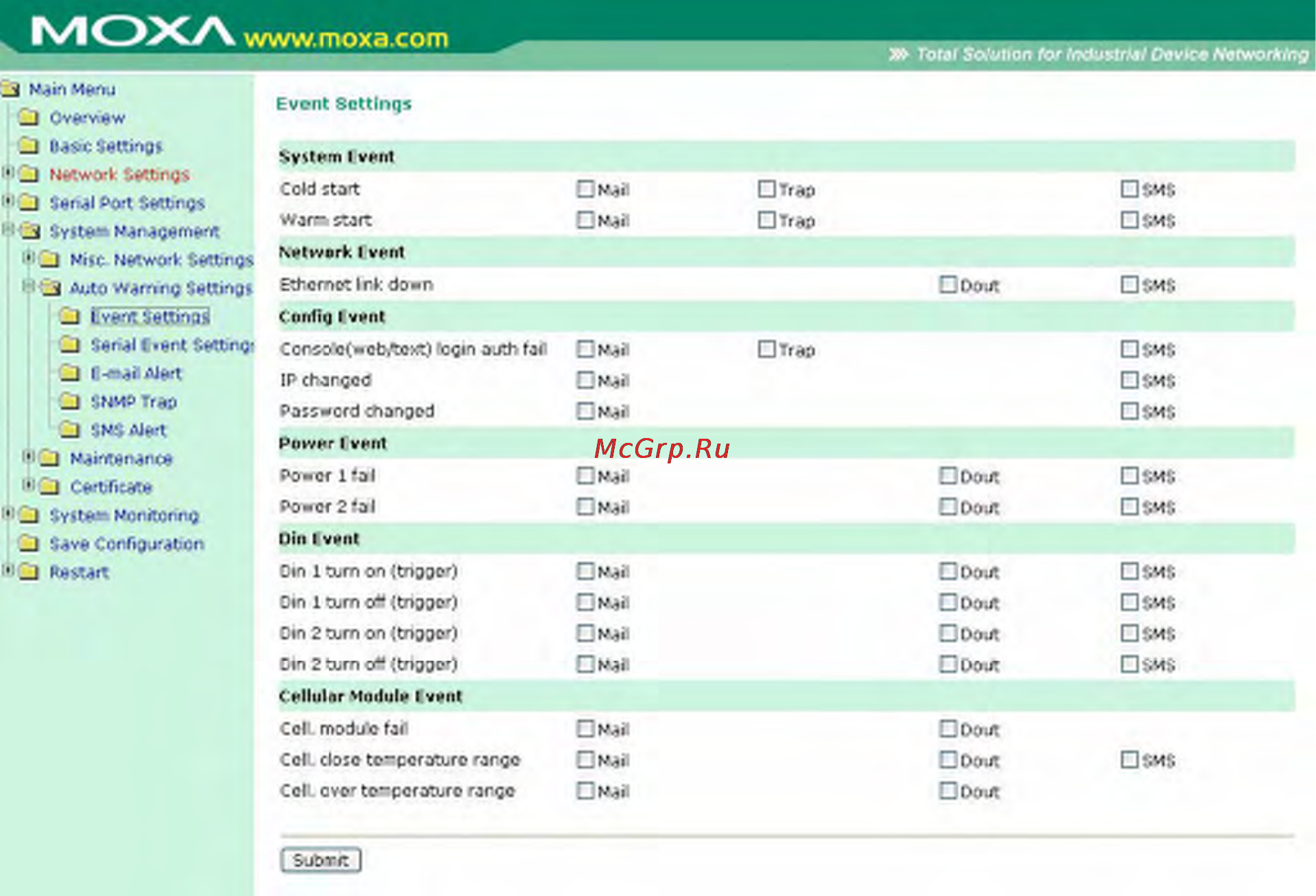 Moxa OnCell G3110 [153/212] Настройки автооповещения auto warning settings