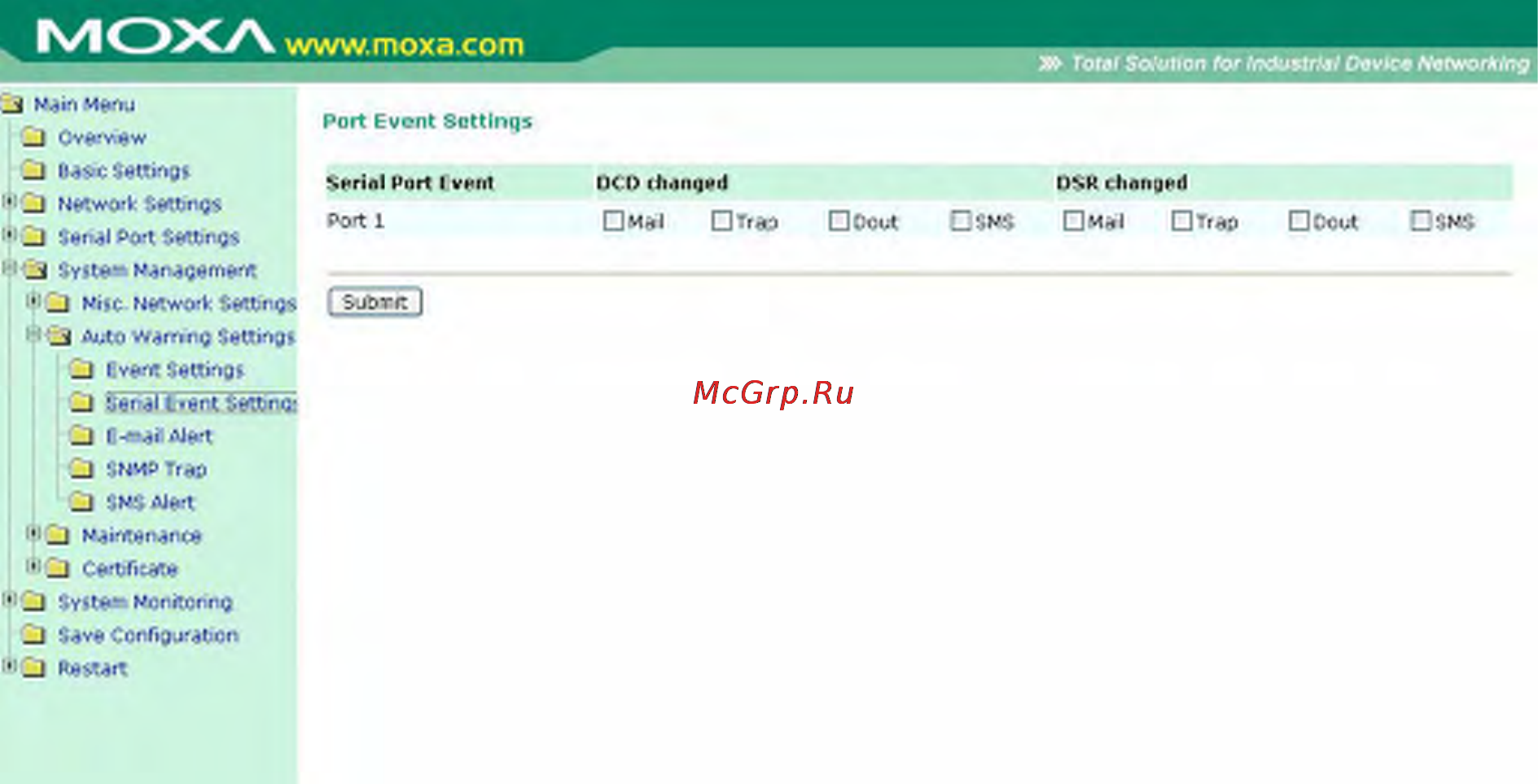 Moxa OnCell G3150 [154/212] Настройки событий по последовательному порту serial event settings