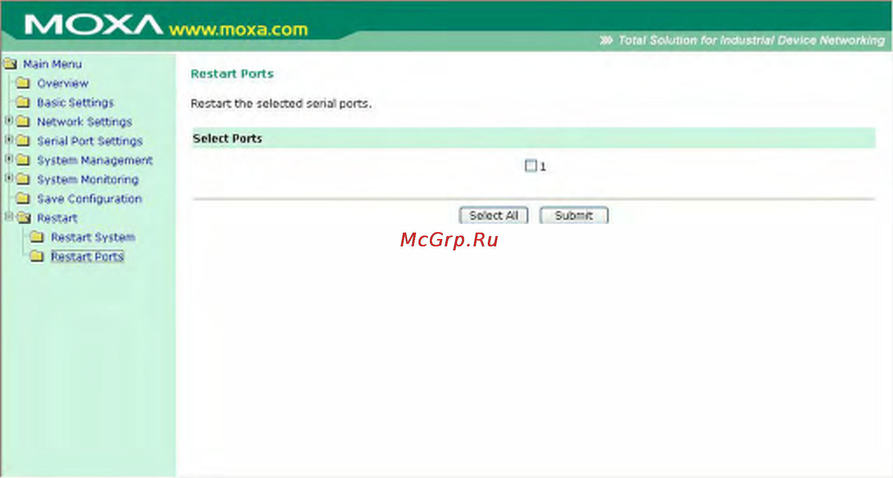 Moxa OnCell G3150-T [171/212] Перезагрузка портов restart ports