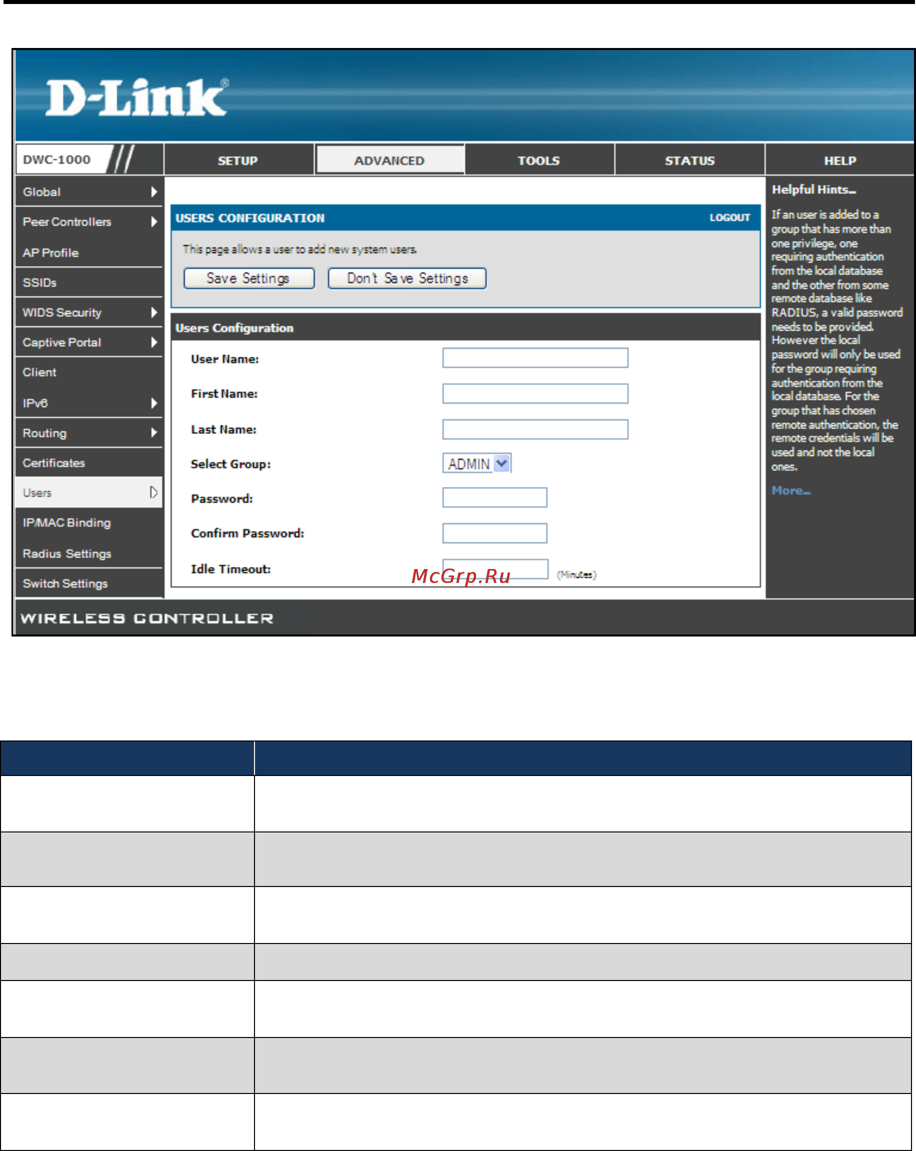 D-Link DWC-1000 [46/246] Table 3 7 captive portal user settings
