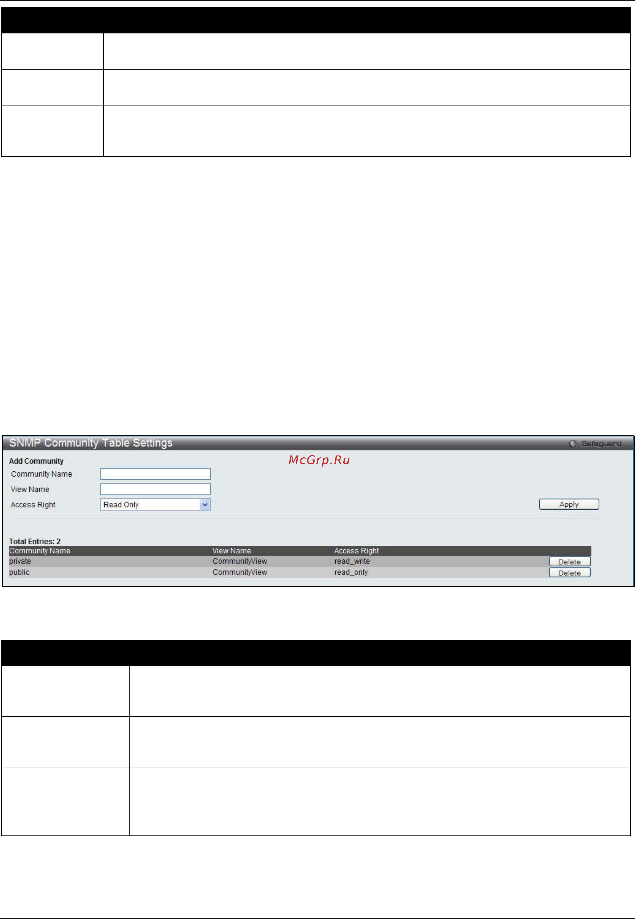 D-Link DWS-3160-24TC [50/505] Snmp community table settings