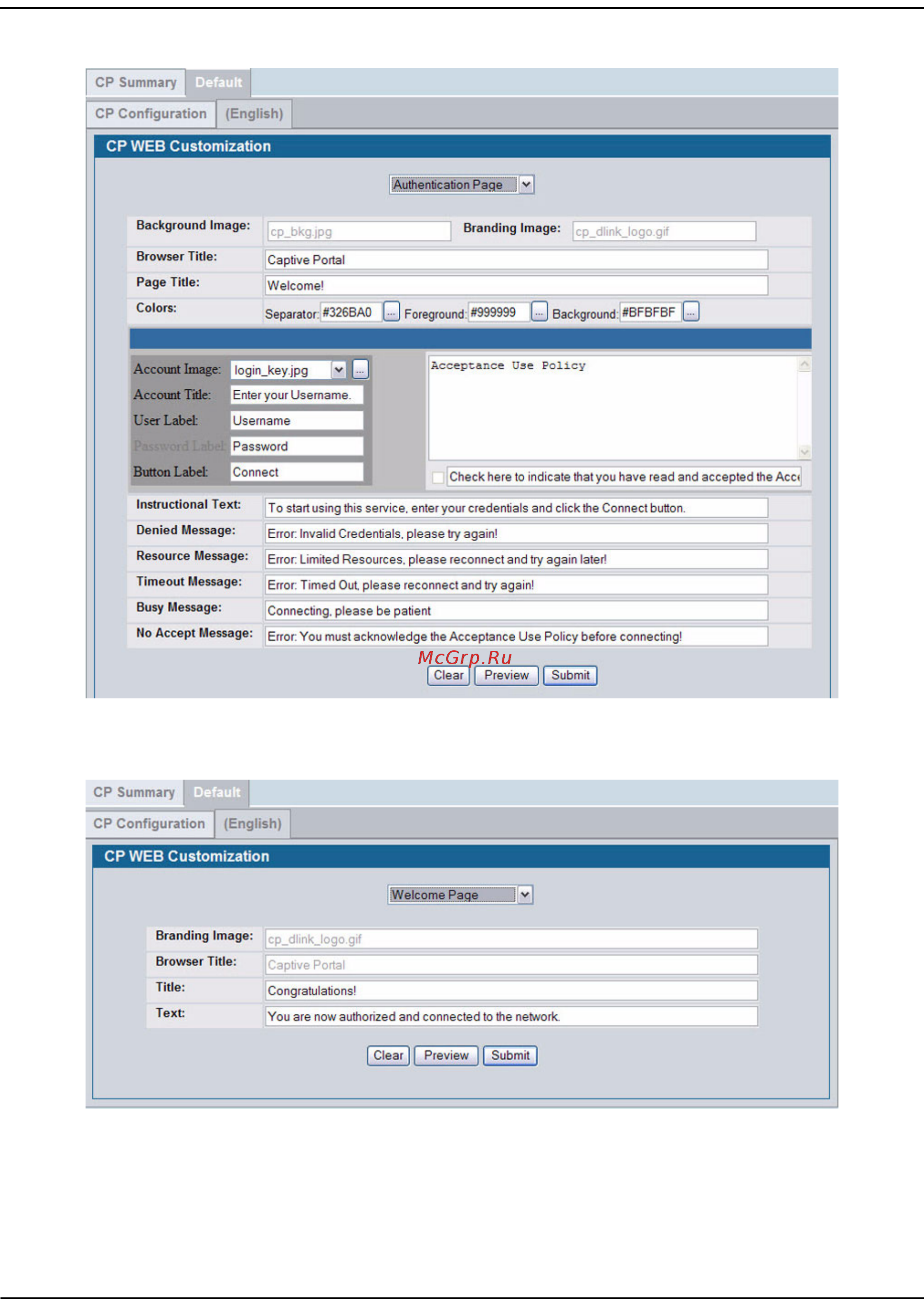 D-Link DWS-4026 [386/741] Figure 264 cp web page customization authentication page