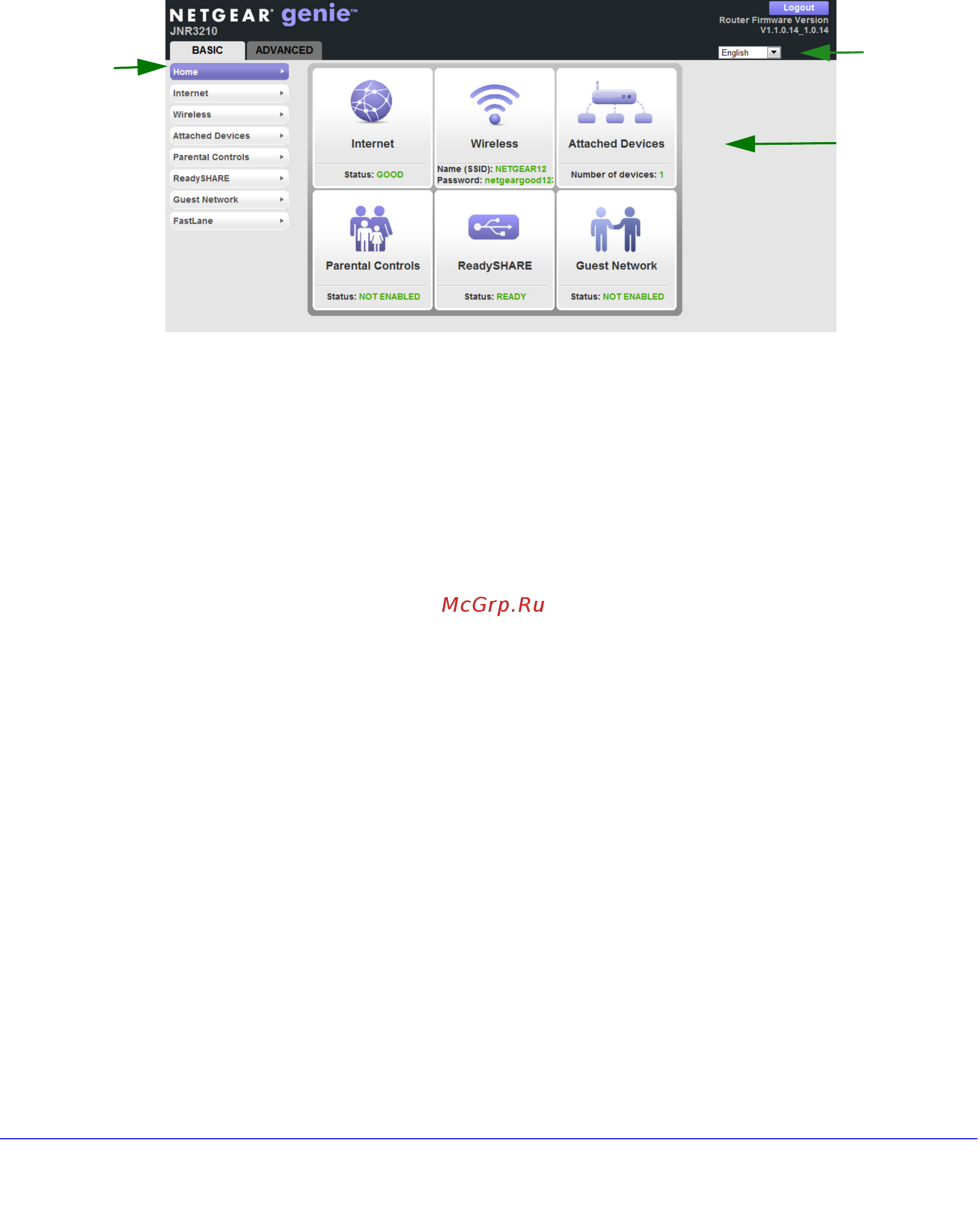 Netgear JNR3210 [16/122] Router dashboard basic home screen