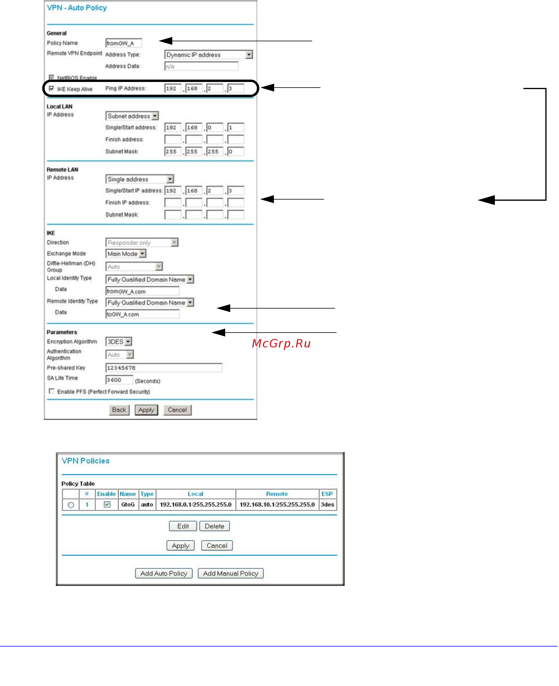 Netgear DGND3300 [152/174] Log in to the vpn router select vpn policies to display the vpn policies screen click add auto policy to proceed and enter the information